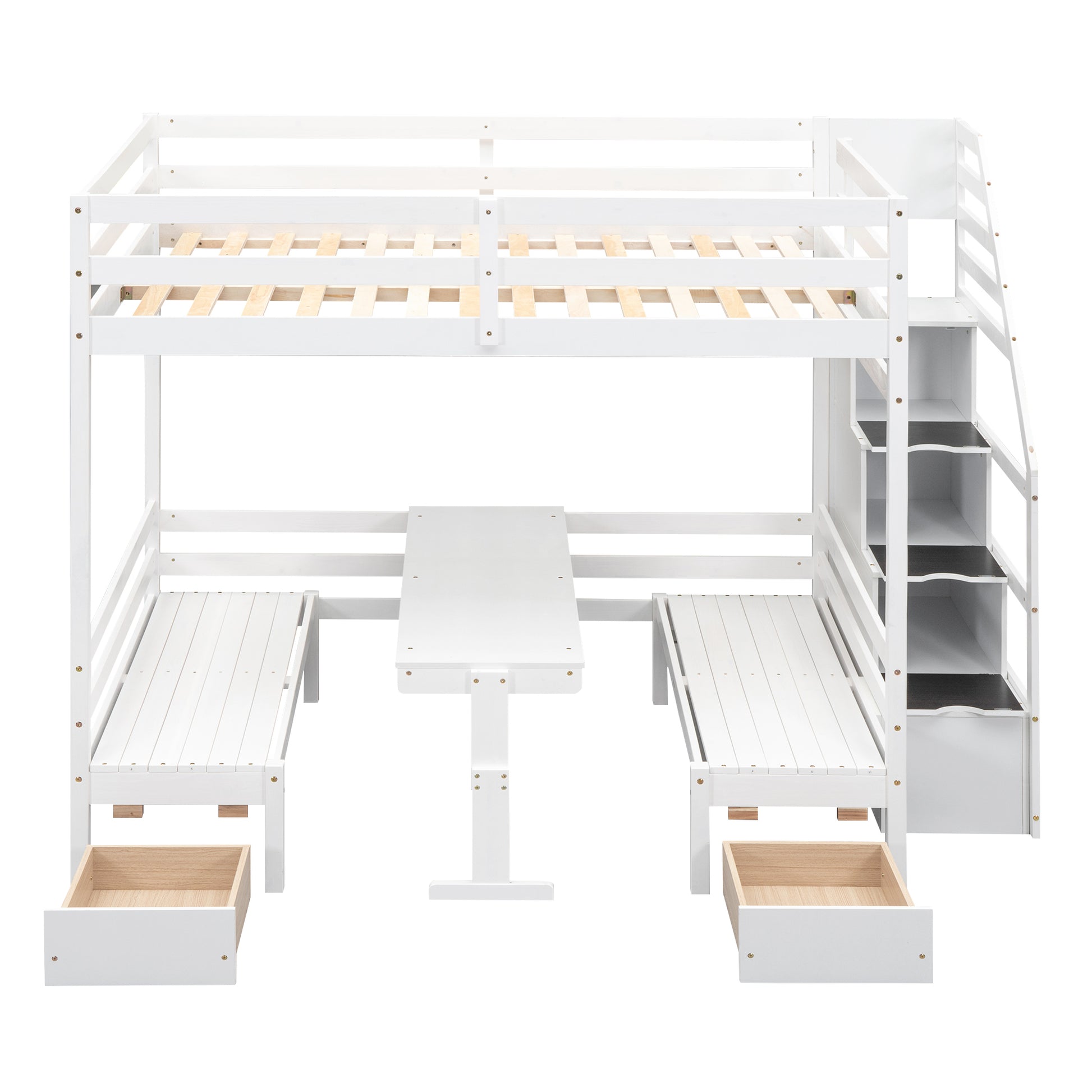 Full Over Full Size Bunk With Staircase,The Down Bed Can Be Convertible To Seats And Table Set,White Box Spring Not Required Full White Wood Bedroom Bunk Pine