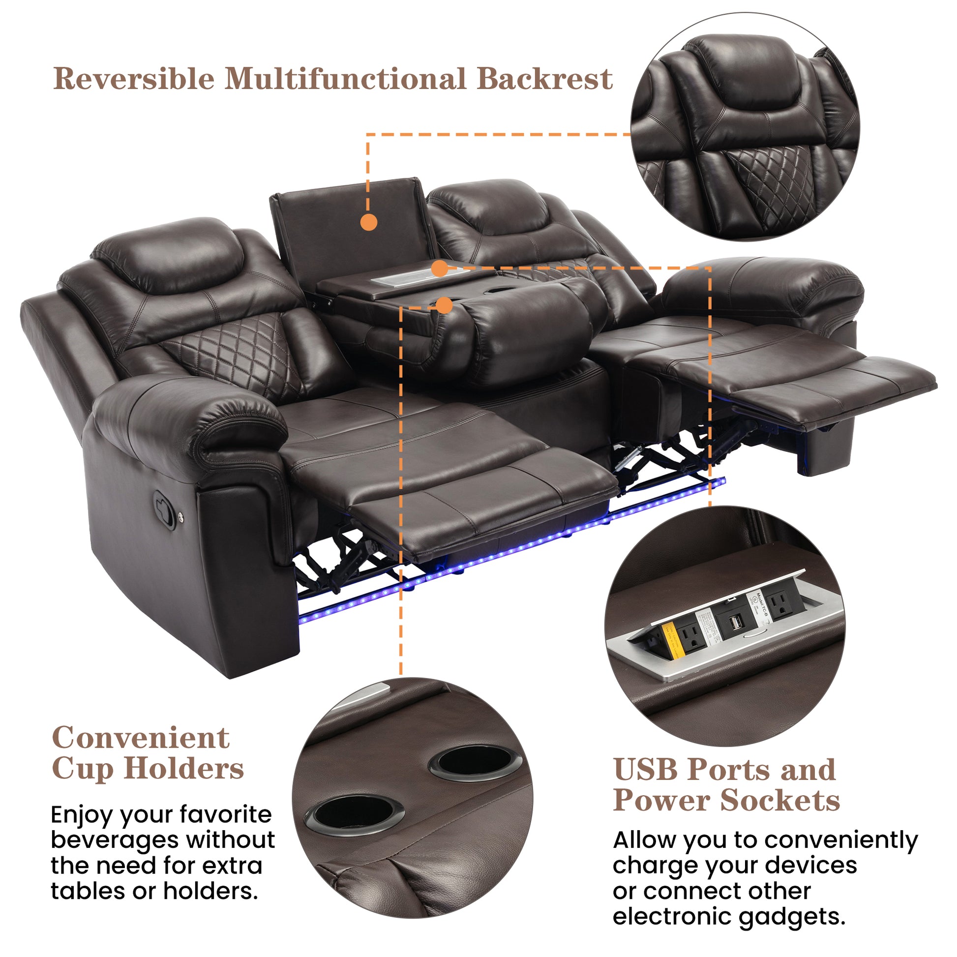 Home Theater Seating Manual Recliner Chair With Center Console And Led Light Strip For Living Room, Brown Brown Foam Faux Leather