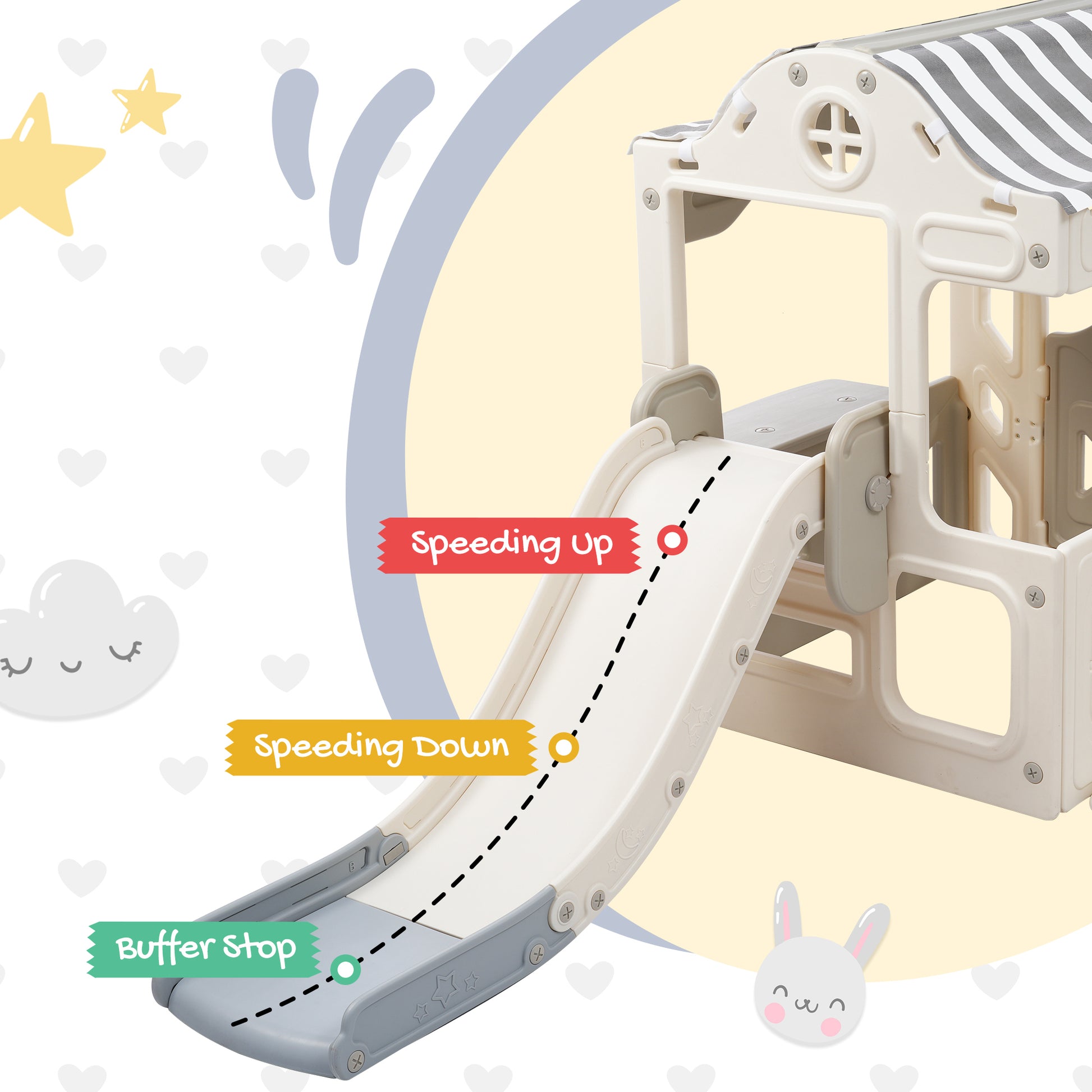 6 In 1 Toddler Slide And Swing Set, Kids Playground Climber Slide Playset With Fairy House, Freestanding Slide For Babies Off White Grey 50 99 Lbs Cute Hdpe Indoor & Outdoor Use