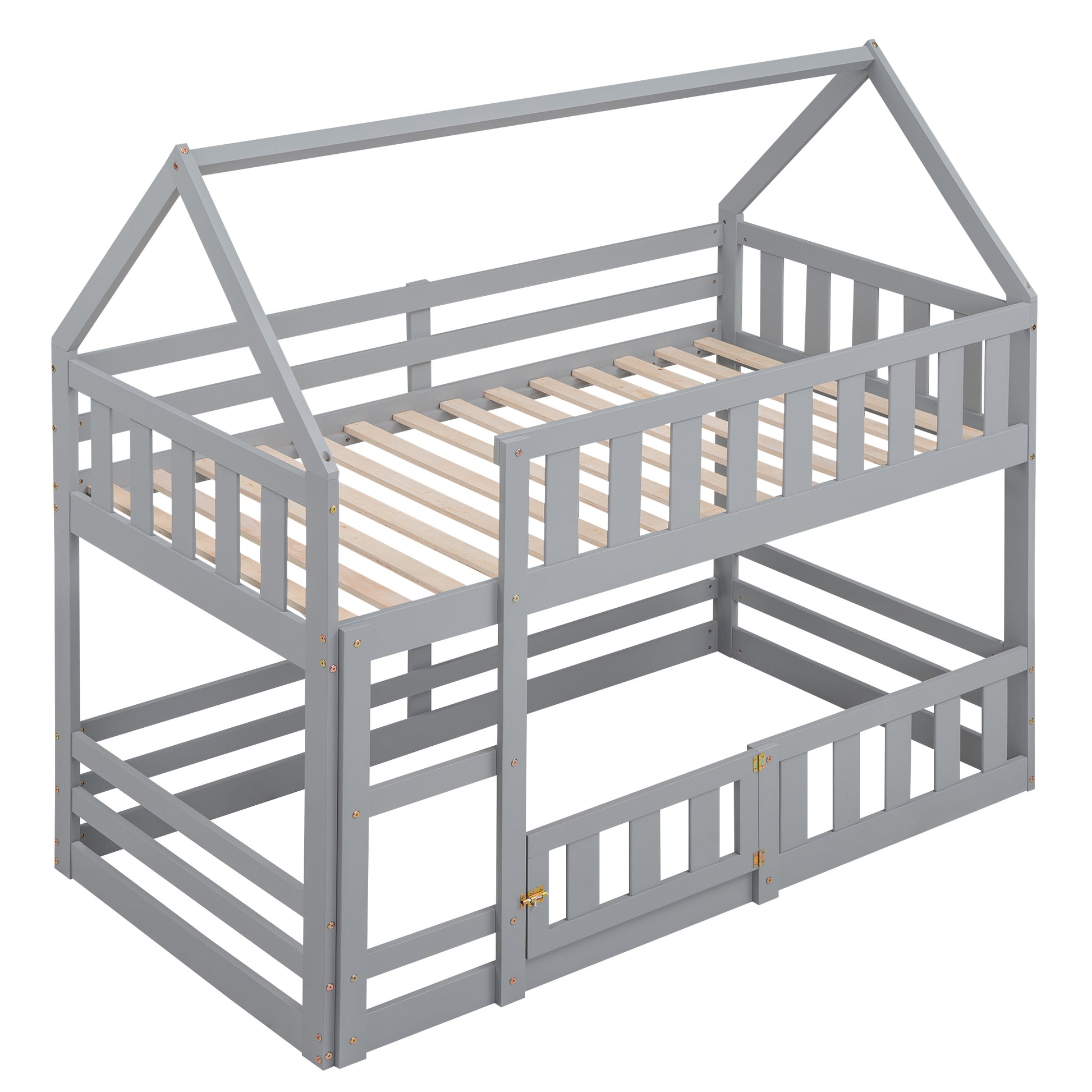 Twin Over Twin House Bunk Bed With Fence And Door, Gray Box Spring Not Required Twin Gray Wood Bedroom Bunk Solid Wood Mdf