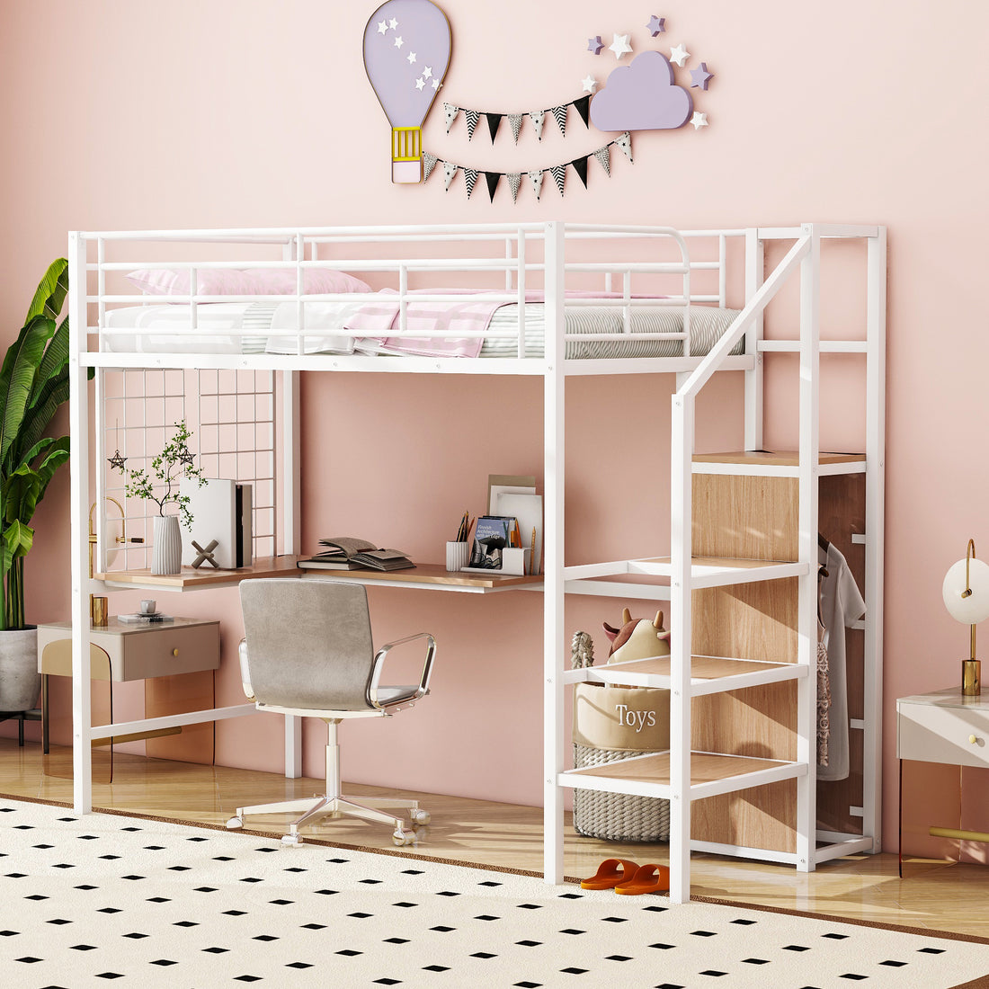 Twin Size Metal Loft Bed With Desk And Metal Grid, Stylish Metal Frame Bed With Lateral Storage Ladder And Wardrobe, White White Mdf Metal