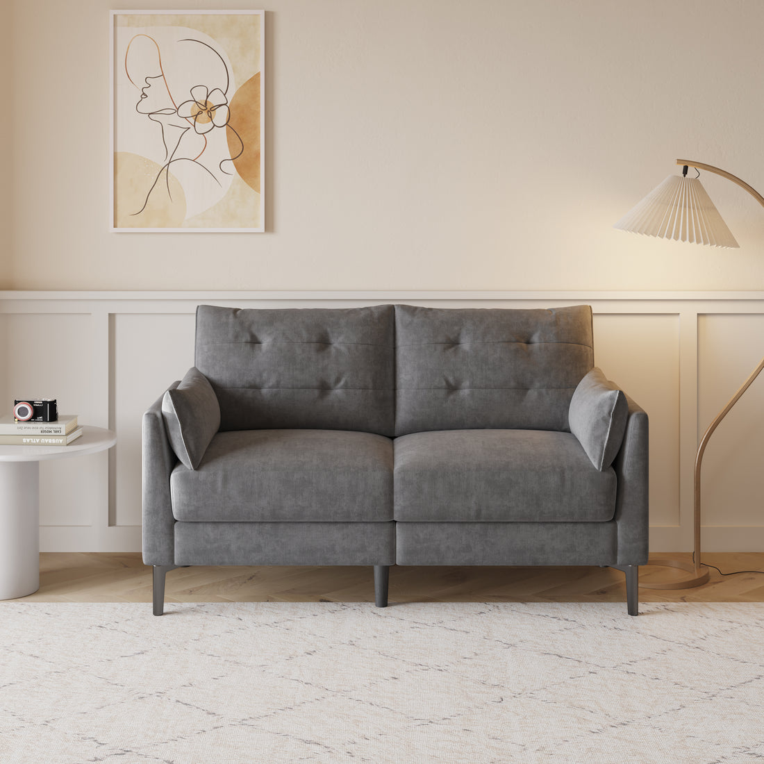 57.5 Inch Cotton Linen Dark Grayseat Metal Feet Plastic Feet Thick Cushion With Two Armrests Dark Grey Polyester Blend