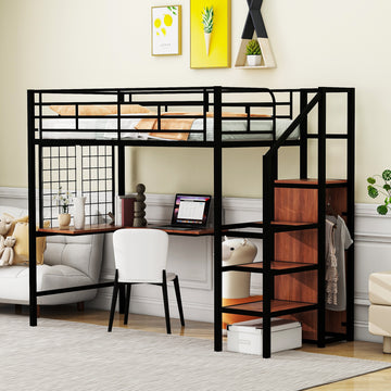 Twin Size Metal Loft Bed With Desk And Metal Grid, Stylish Metal Frame Bed With Lateral Storage Ladder And Wardrobe, Black Black Mdf Metal