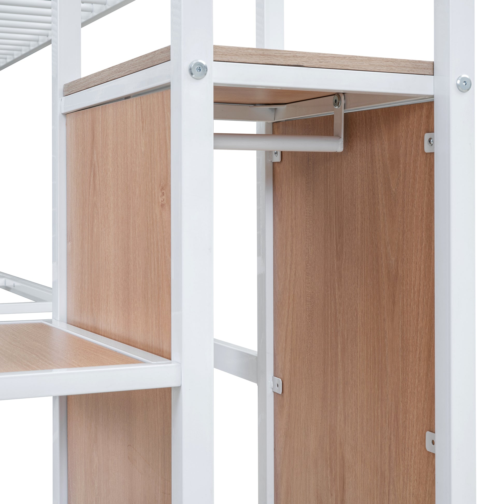 Twin Size Metal Loft Bed With Desk And Metal Grid, Stylish Metal Frame Bed With Lateral Storage Ladder And Wardrobe, White White Mdf Metal