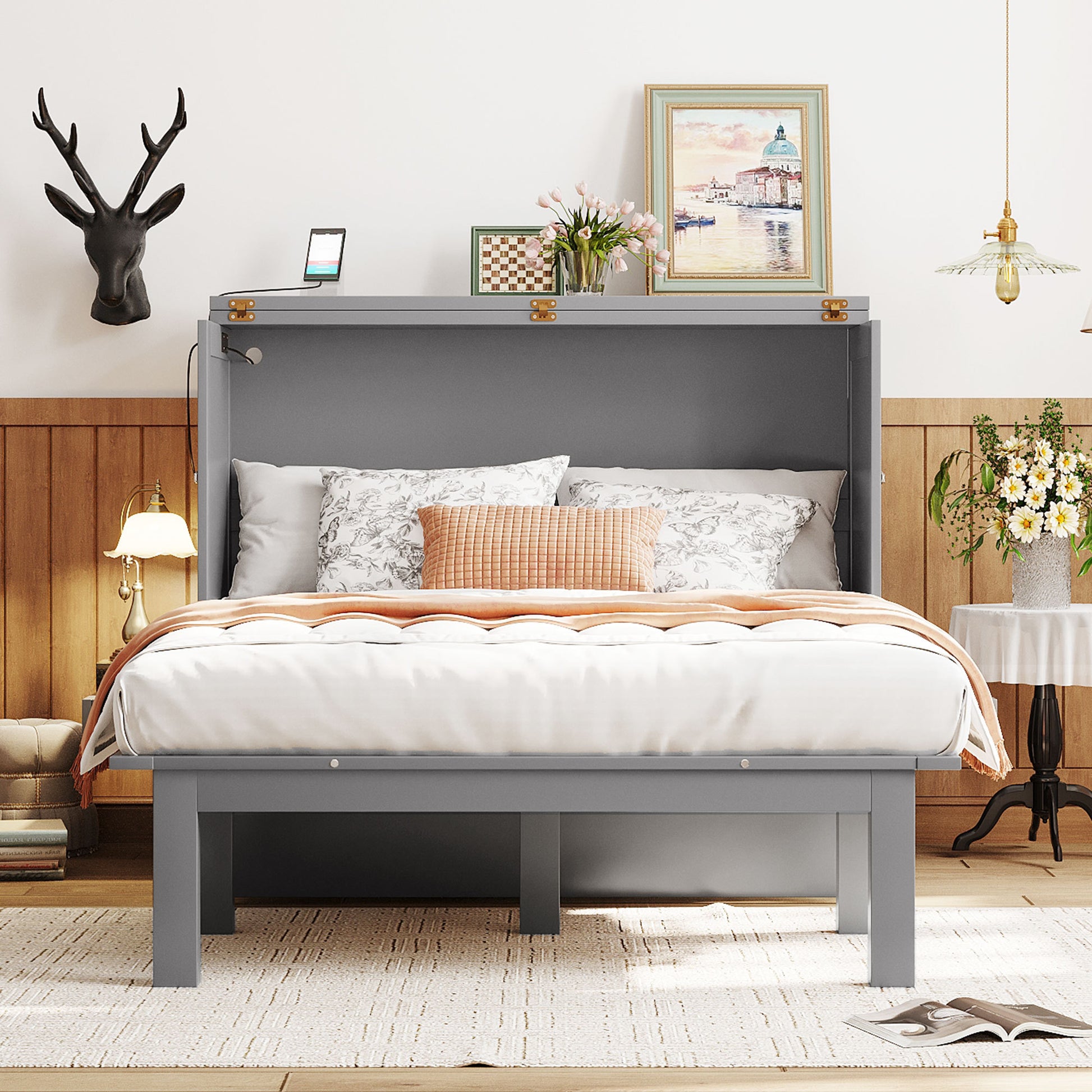 Full Size Murphy Bed With Usb Port And Removable Shelves On Each Side,Gray Gray Solid Wood Mdf