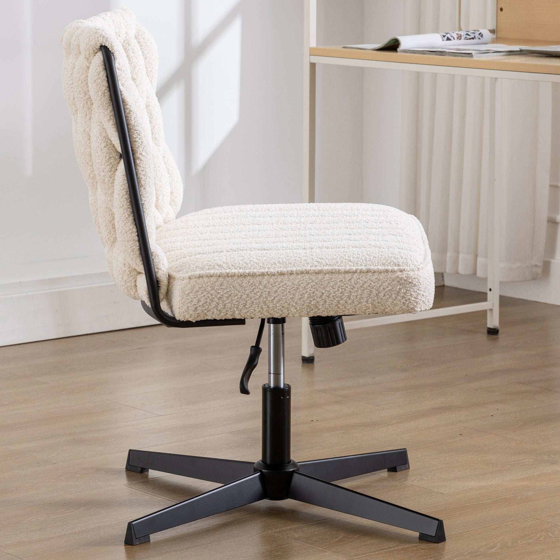 Armless Office Desk Chair No Wheels, White White Foam Polyester Blend