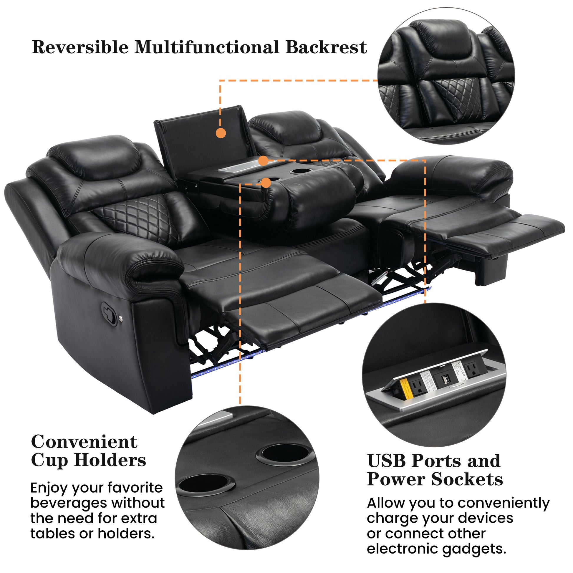 Home Theater Seating Manual Recliner Chair With Center Console And Led Light Strip For Living Room, Black Black Foam Faux Leather