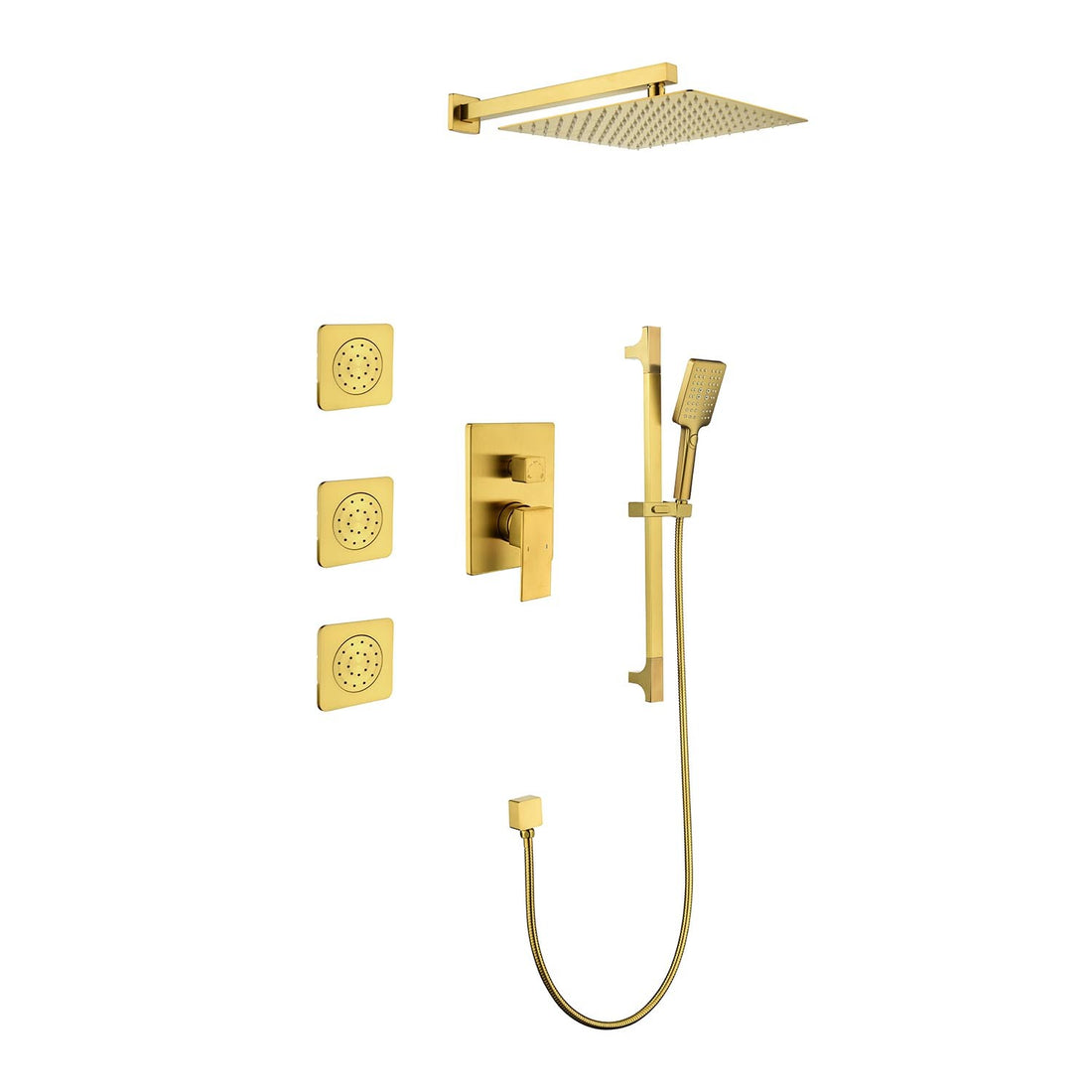 Shower System With Shower Head, Hand Shower, Slide Bar, Bodysprays, Shower Arm, Hose, Valve Trim, And Lever Handles Brushed Gold Wall Mounted Bathroom Brass