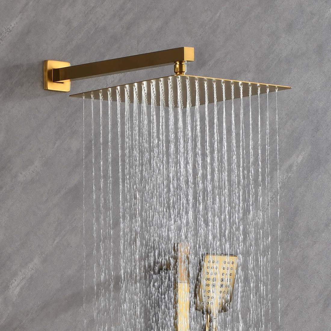 Shower System With Shower Head, Hand Shower, Slide Bar, Bodysprays, Shower Arm, Hose, Valve Trim, And Lever Handles Brushed Gold Wall Mounted Bathroom Brass