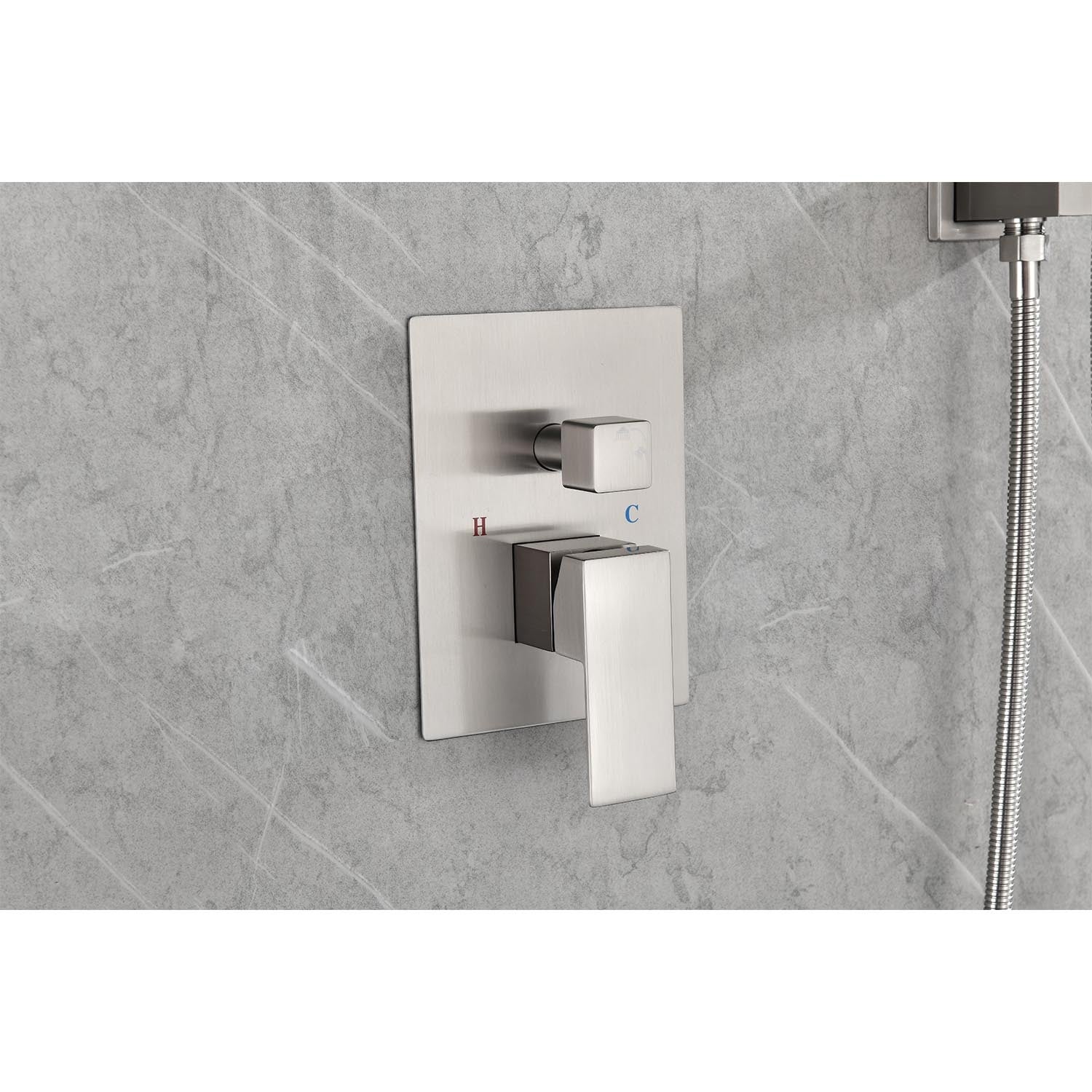 Shower System With Rain Shower Head, Hand Shower Head, Water Control Valve, Shower Bracket, Hose And Niche Brushed Nickel Wall Mounted Bathroom Brass