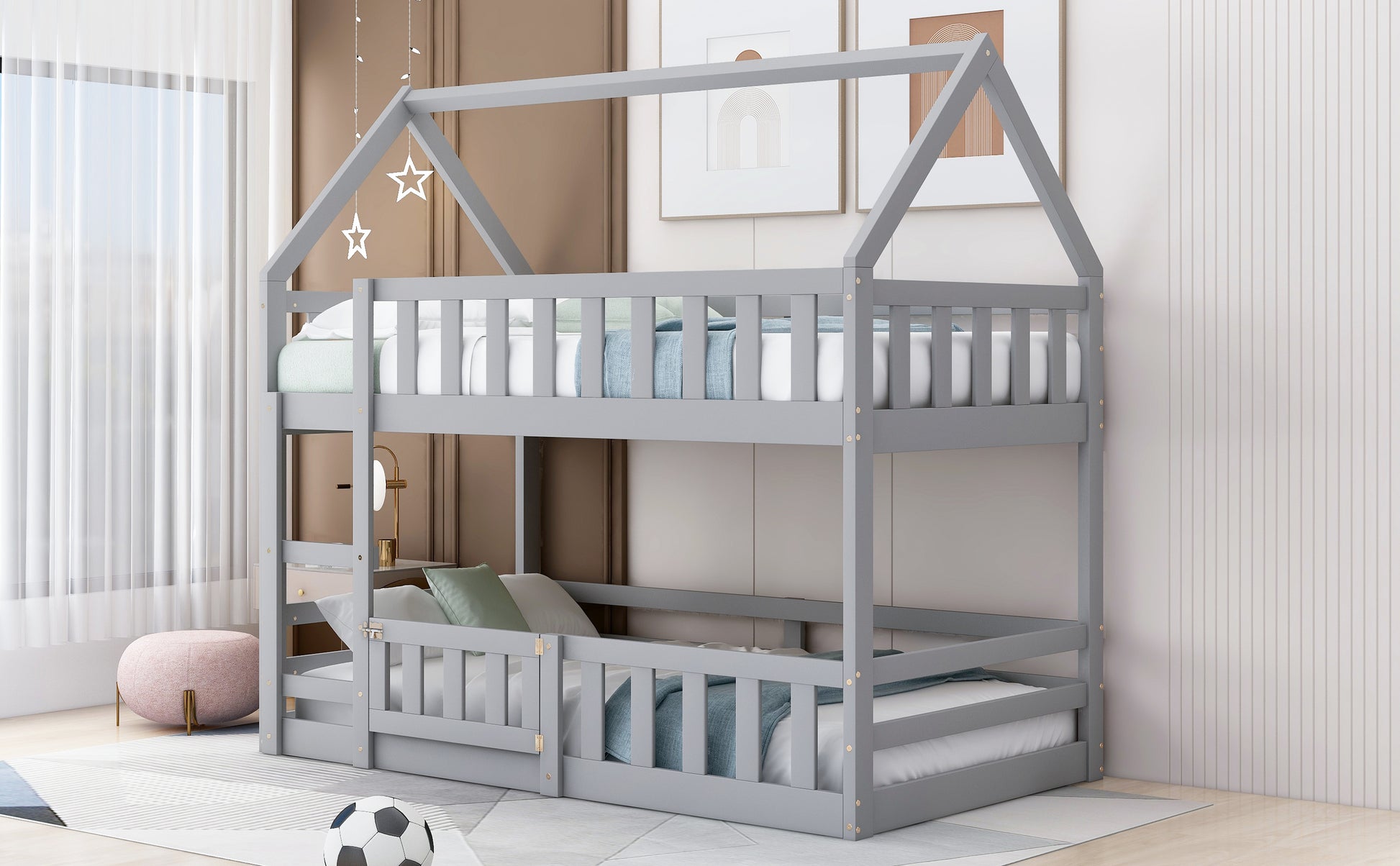 Twin Over Twin House Bunk Bed With Fence And Door, Gray Box Spring Not Required Twin Gray Wood Bedroom Bunk Solid Wood Mdf