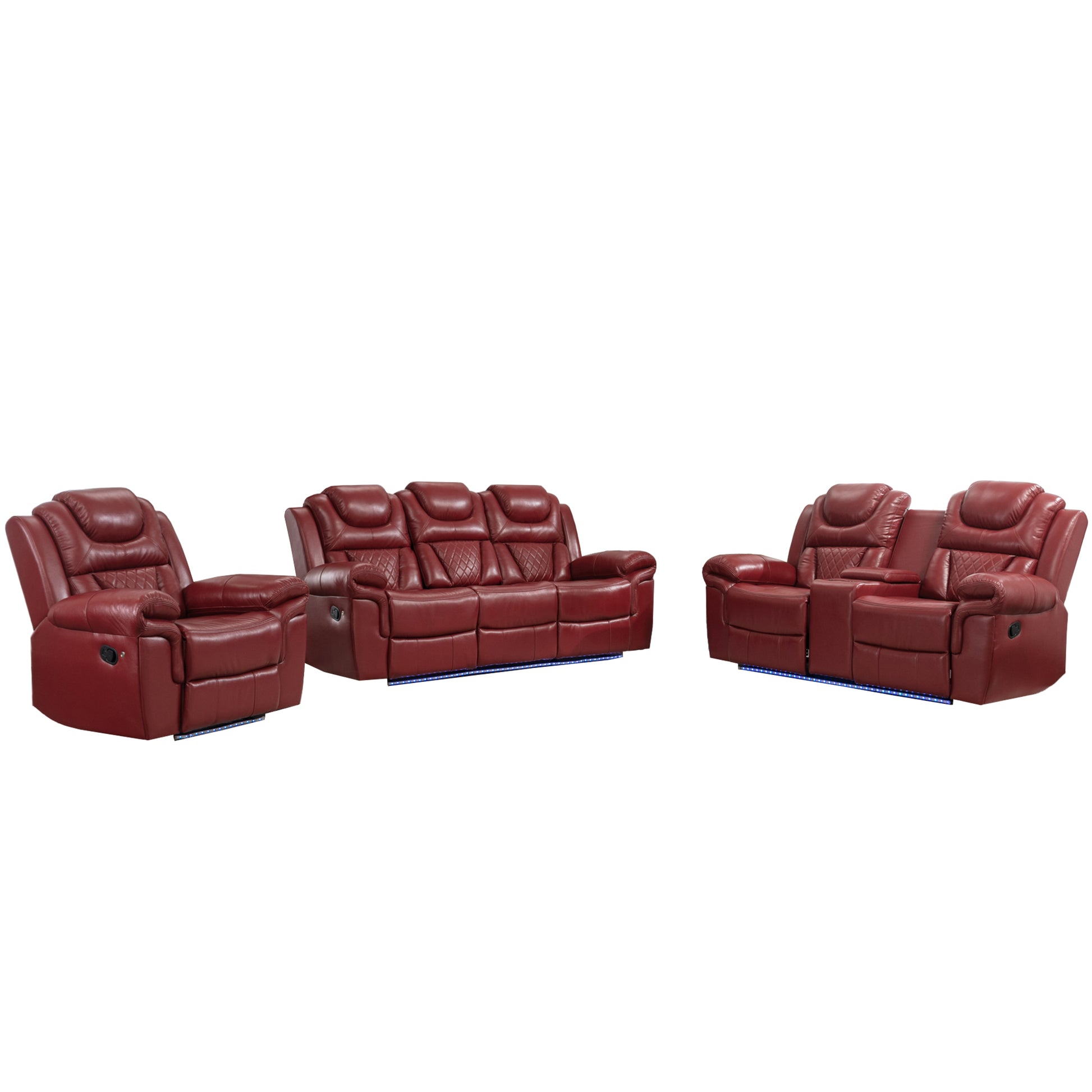 3 Pieces Recliner Sofa Sets Home Theater Seating Manual Recliner Chair With Center Console And Led Light Strip For Living Room, Wine Red Wine Red Foam Faux Leather