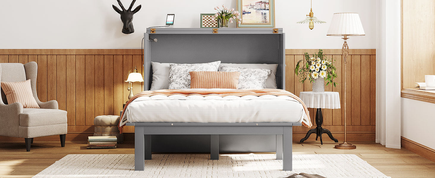 Full Size Murphy Bed With Usb Port And Removable Shelves On Each Side,Gray Gray Solid Wood Mdf