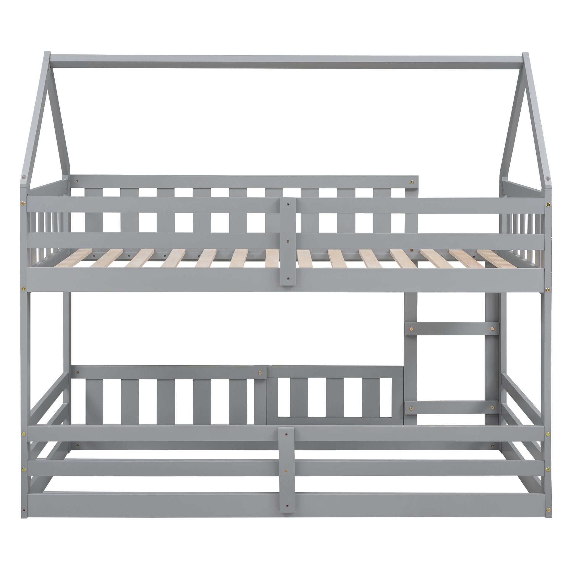 Twin Over Twin House Bunk Bed With Fence And Door, Gray Box Spring Not Required Twin Gray Wood Bedroom Bunk Solid Wood Mdf