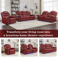 3 Pieces Recliner Sofa Sets Home Theater Seating Manual Recliner Chair With Center Console And Led Light Strip For Living Room, Wine Red Wine Red Foam Faux Leather