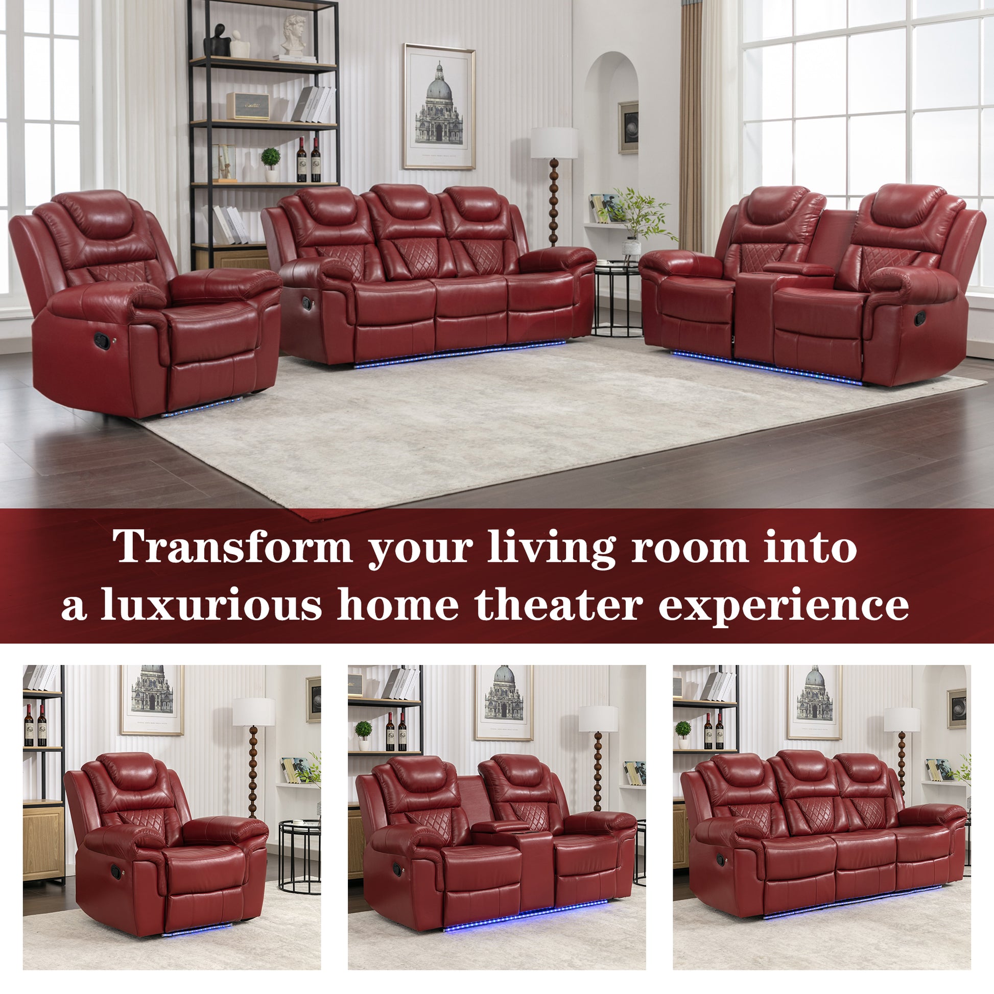 3 Pieces Recliner Sofa Sets Home Theater Seating Manual Recliner Chair With Center Console And Led Light Strip For Living Room, Wine Red Wine Red Foam Faux Leather