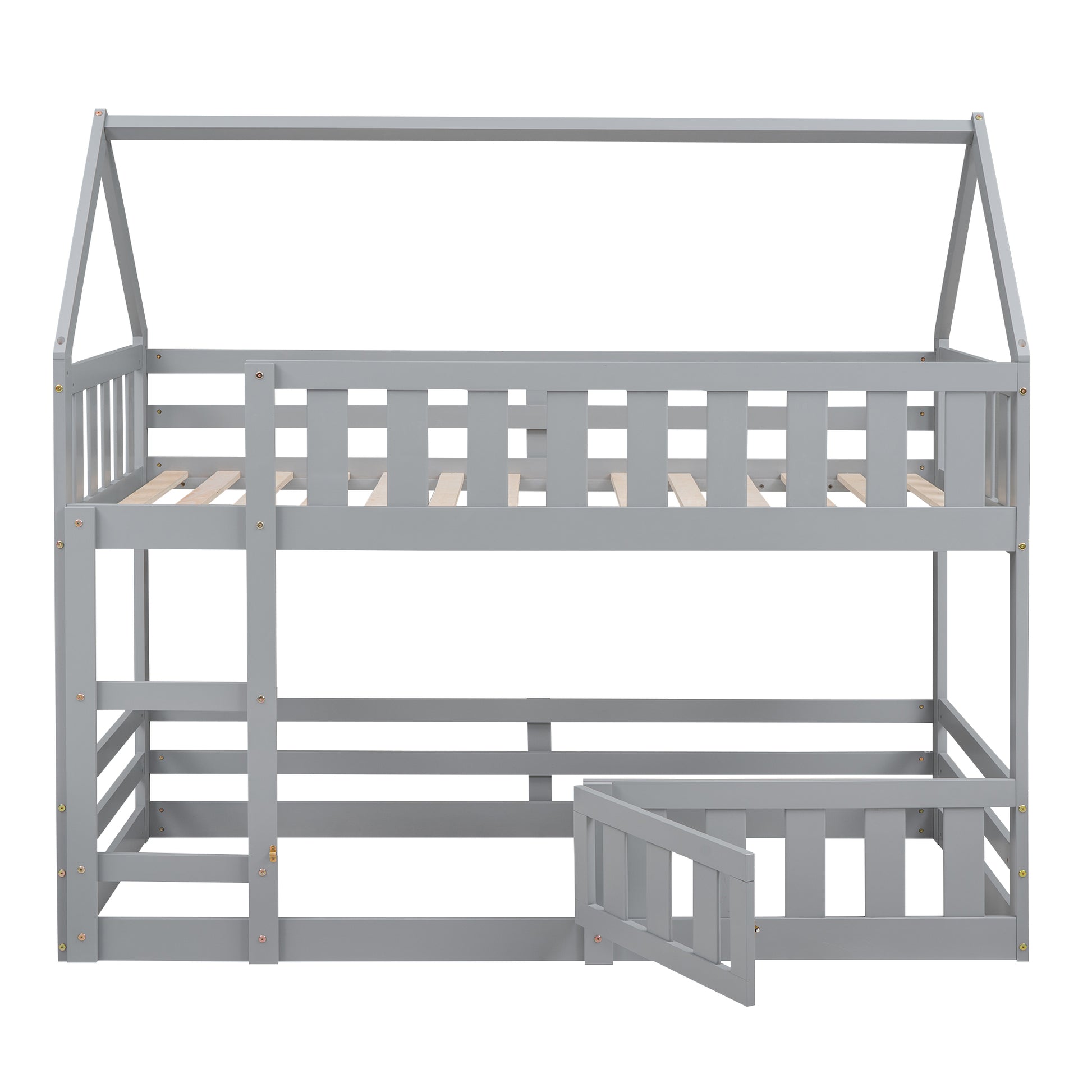 Twin Over Twin House Bunk Bed With Fence And Door, Gray Box Spring Not Required Twin Gray Wood Bedroom Bunk Solid Wood Mdf