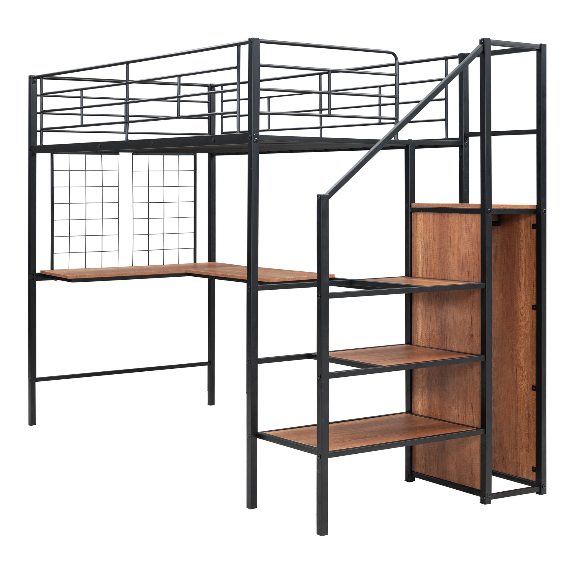 Twin Size Metal Loft Bed With Desk And Metal Grid, Stylish Metal Frame Bed With Lateral Storage Ladder And Wardrobe, Black Black Mdf Metal