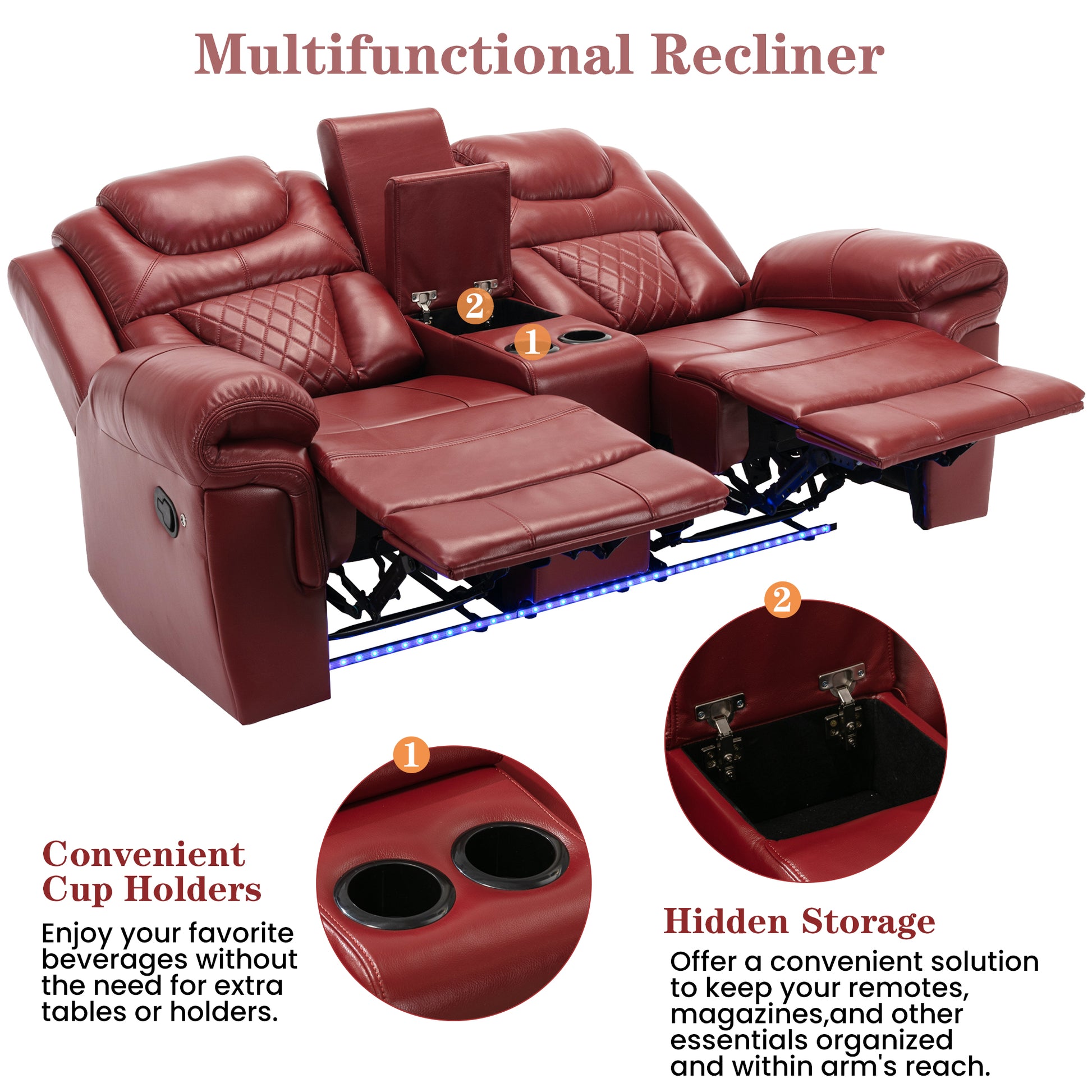 3 Pieces Recliner Sofa Sets Home Theater Seating Manual Recliner Chair With Center Console And Led Light Strip For Living Room, Wine Red Wine Red Foam Faux Leather