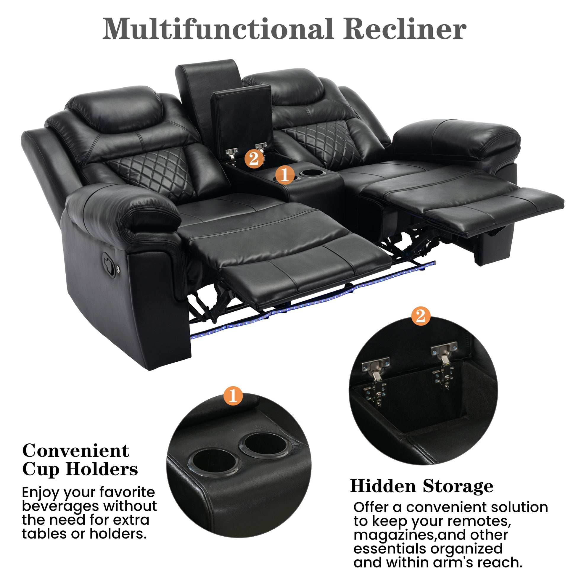 3 Pieces Recliner Sofa Sets Home Theater Seating Manual Recliner Chair With Center Console And Led Light Strip For Living Room, Black Black Foam Faux Leather