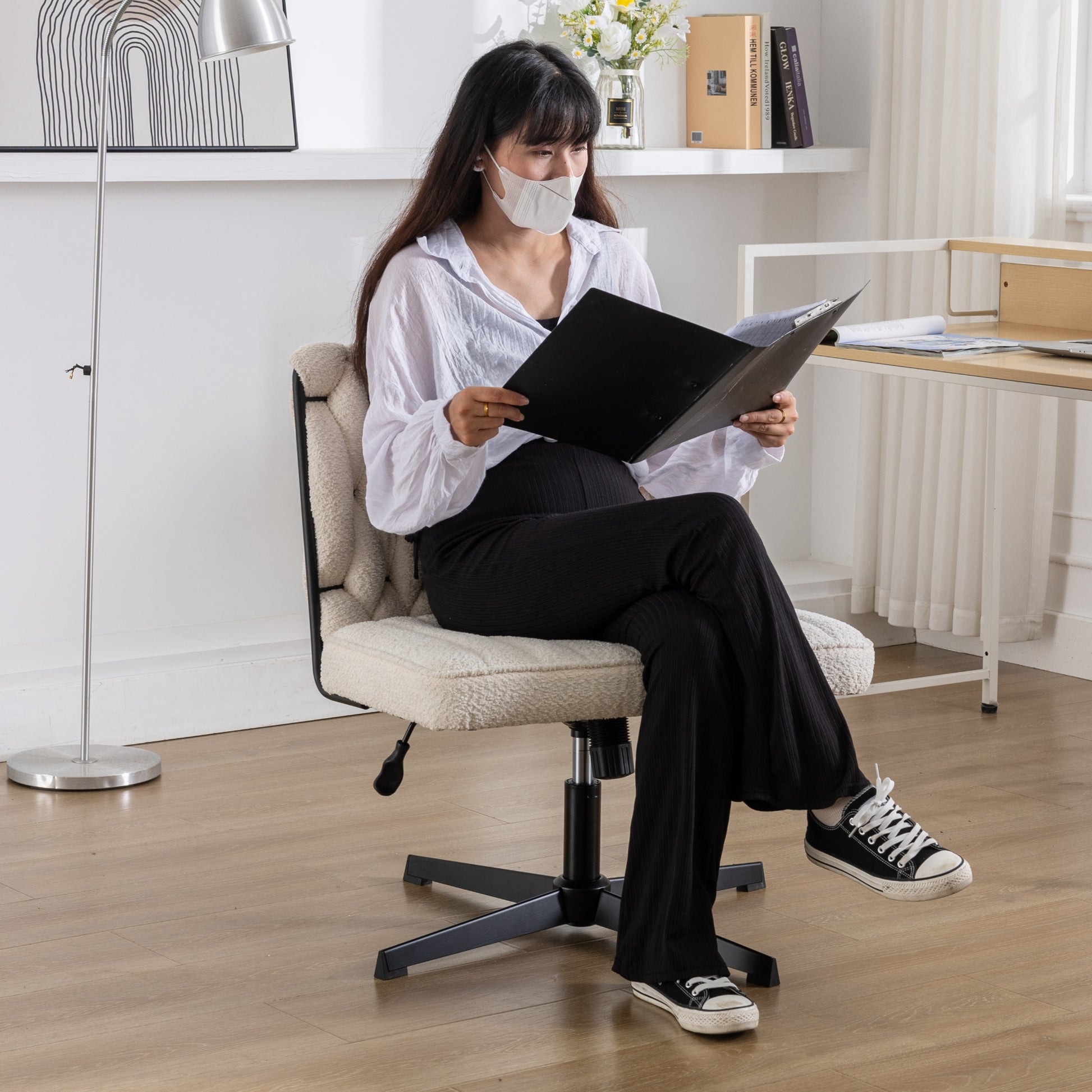 Armless Office Desk Chair No Wheels, White White Foam Polyester Blend