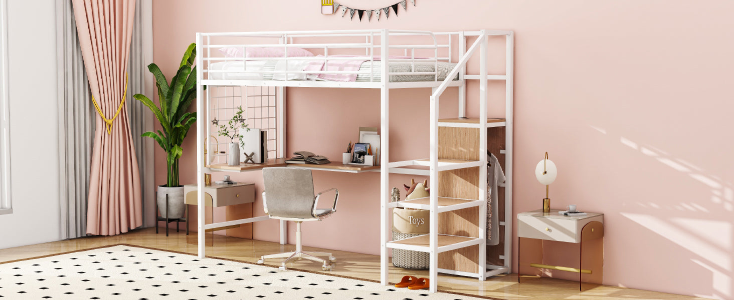 Twin Size Metal Loft Bed With Desk And Metal Grid, Stylish Metal Frame Bed With Lateral Storage Ladder And Wardrobe, White White Mdf Metal