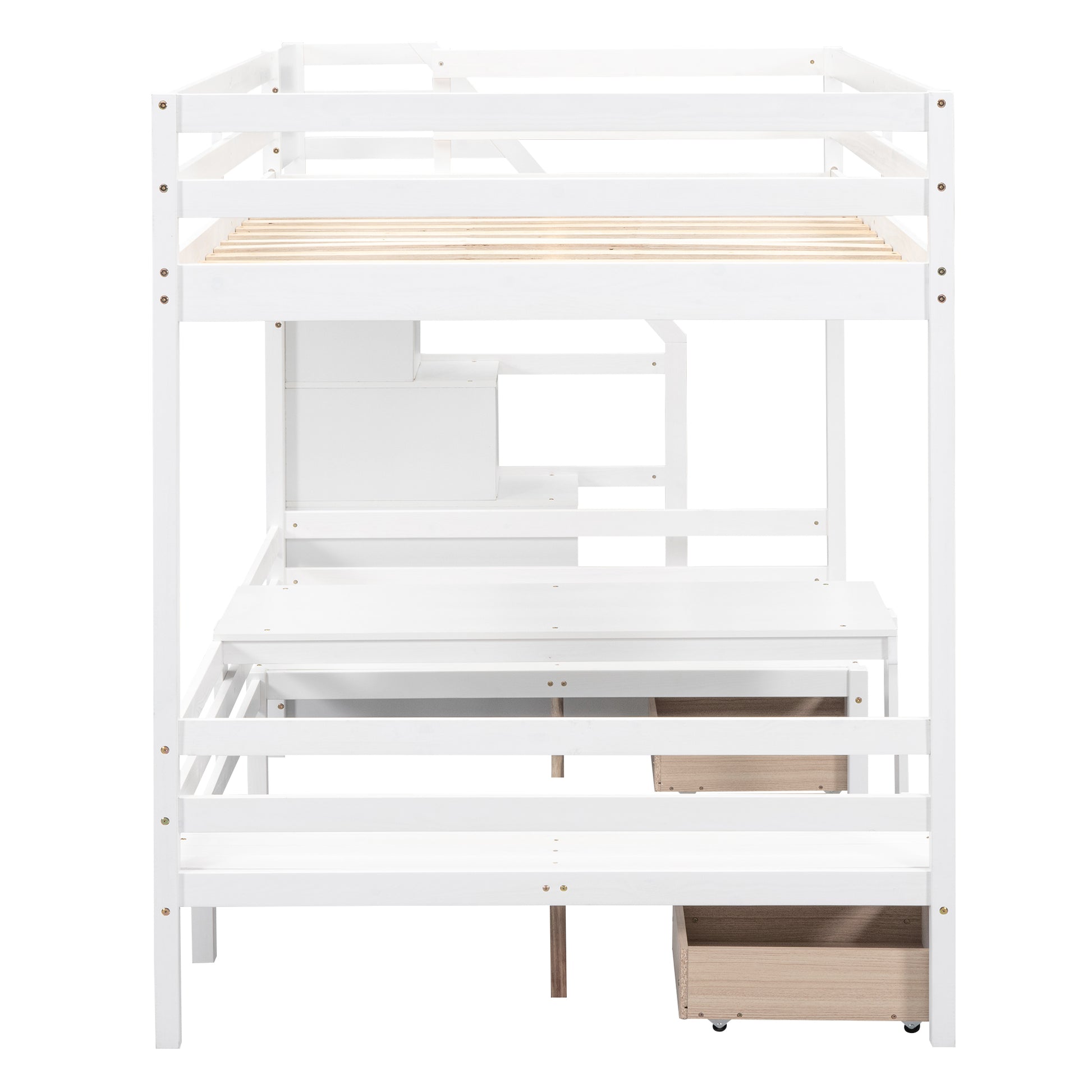 Full Over Full Size Bunk With Staircase,The Down Bed Can Be Convertible To Seats And Table Set,White Box Spring Not Required Full White Wood Bedroom Bunk Pine