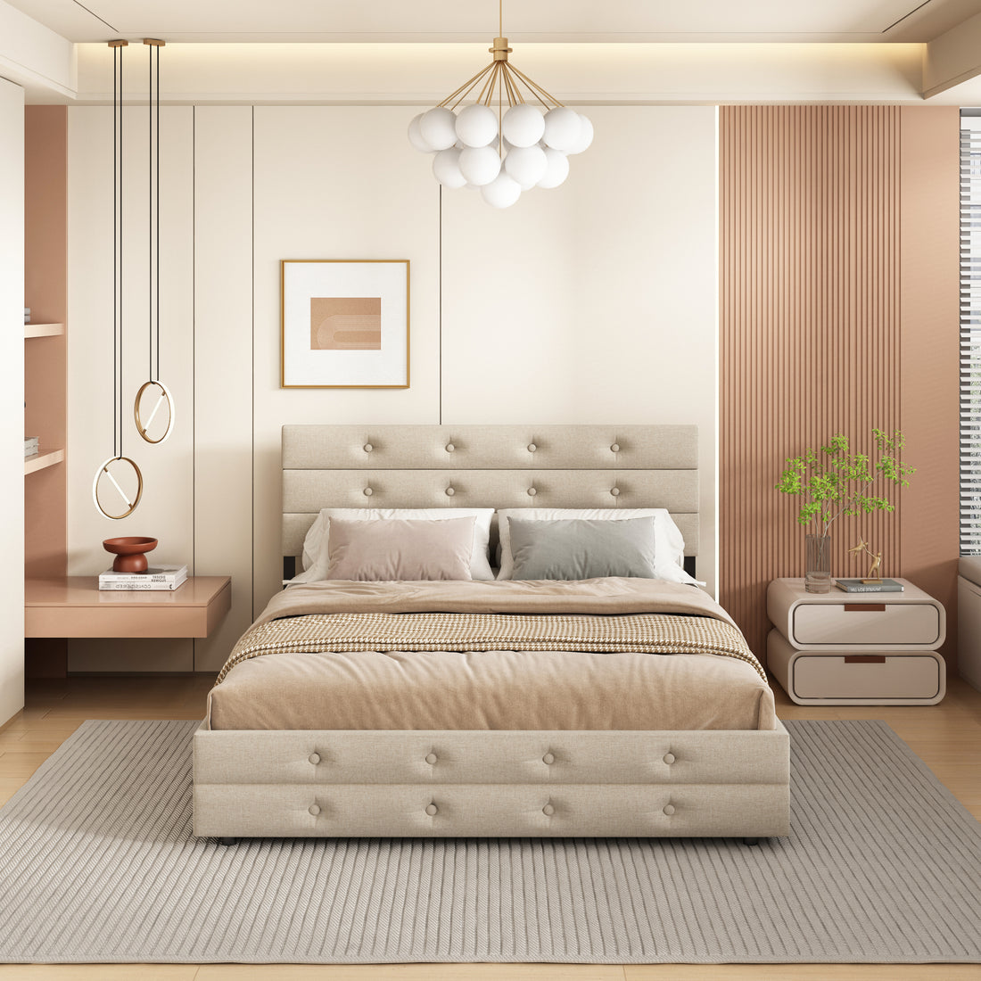 Queen Size Upholstered Platform Bed With Twin Trundle And 2 Storage Drawers Underneath, Linen Fabric With Wood Slat, For Bedroom,Light Beige Box Spring Not Required Queen Light Beige Wood Bedroom American Design Bed Frame Linen Linen