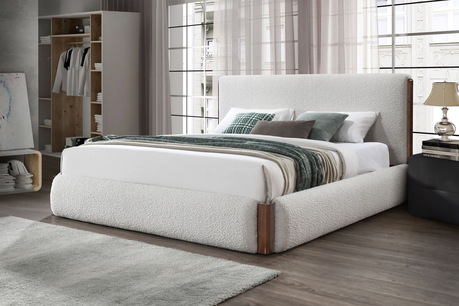 Sandro Queen Bed, White Boucl & Walnut Finish Bd02470Q Queen White Boucle