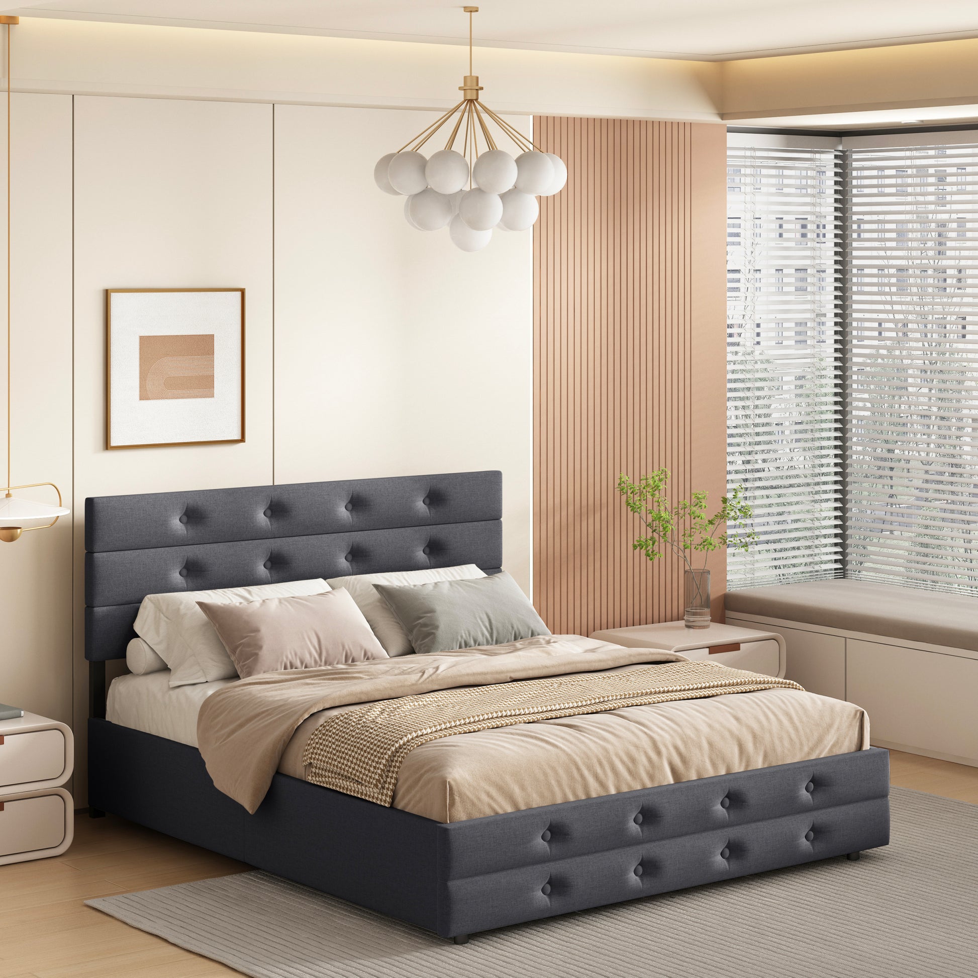 Queen Size Upholstered Linen Fabric Trundle Bed With Drawers Grey Box Spring Not Required Queen Grey Wood Bedroom American Design Bed Frame Linen Linen