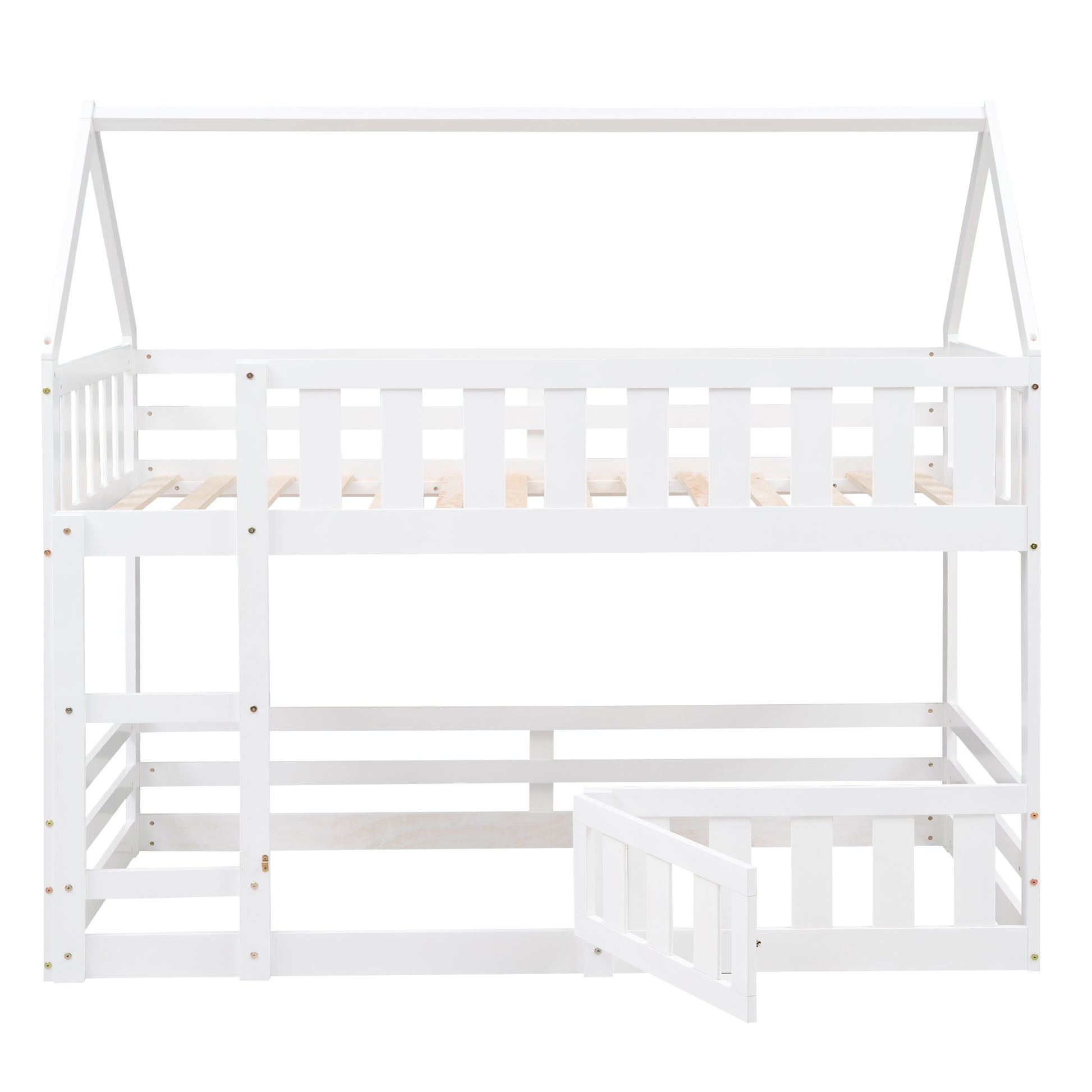 Twin Over Twin House Bunk Bed With Fence And Door, White Box Spring Not Required Twin White Wood Bedroom Bunk Solid Wood Mdf