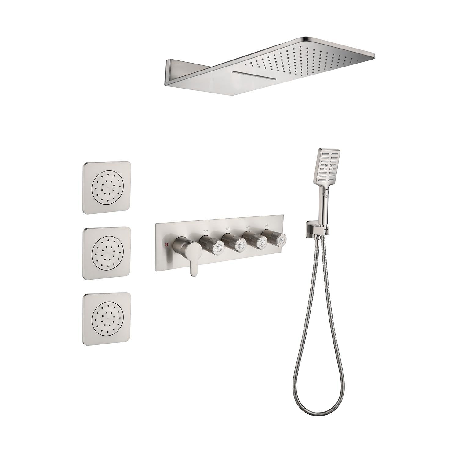 Wall Mounted Waterfall Rain Shower System With 3 Body Sprays & Handheld Shower Brushed Nickel Wall Mounted Bathroom Brass