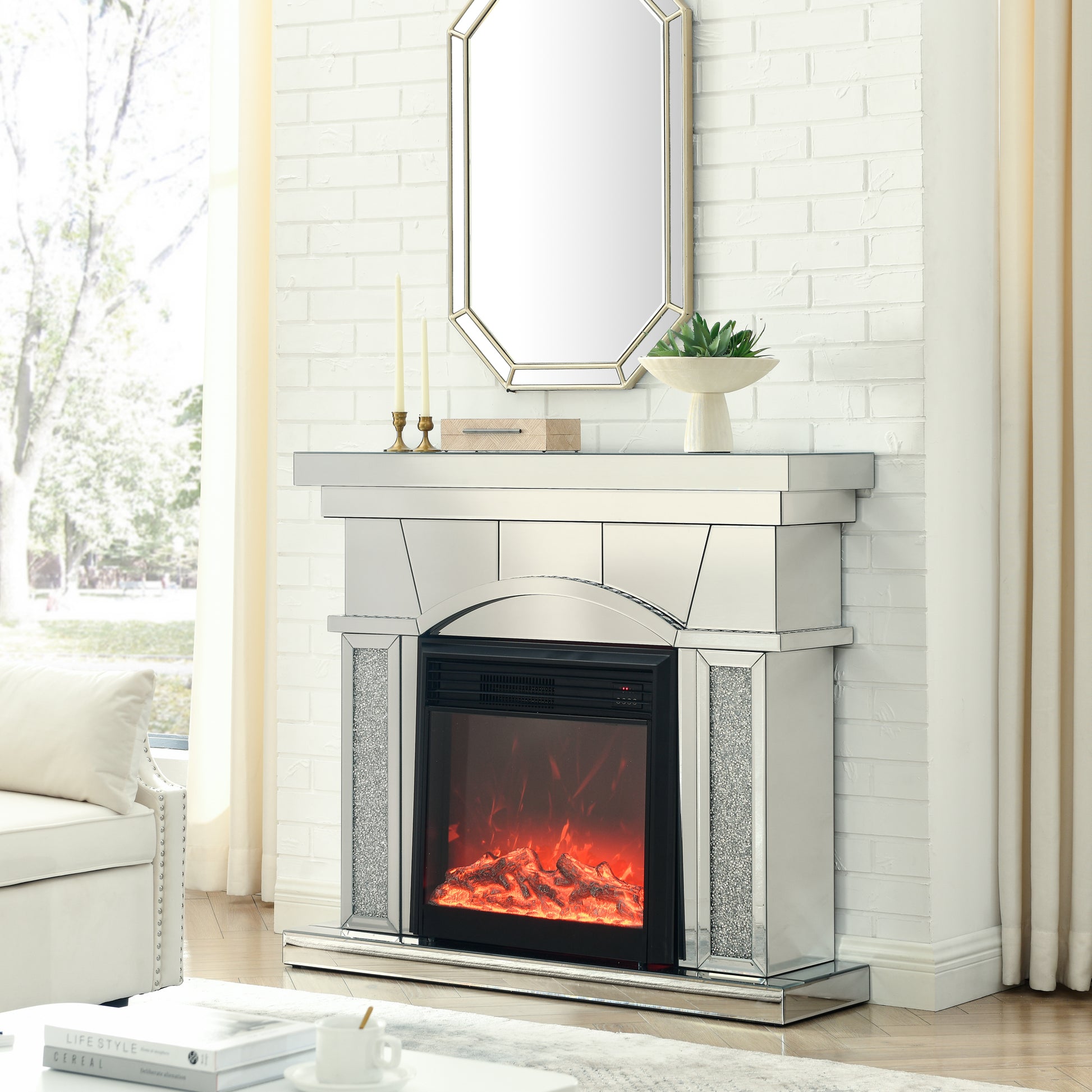 W 46" X D 12.5" X H 41" Dome Door Acrylic Mirror Fireplace Cabinet, Tv Fireplace Cabinet Powder Coated Electric Primary Living Space Yes Insert Electric 41 50 Yes Silver 400 Natural Vent American Design Acrylic Mdf Glass