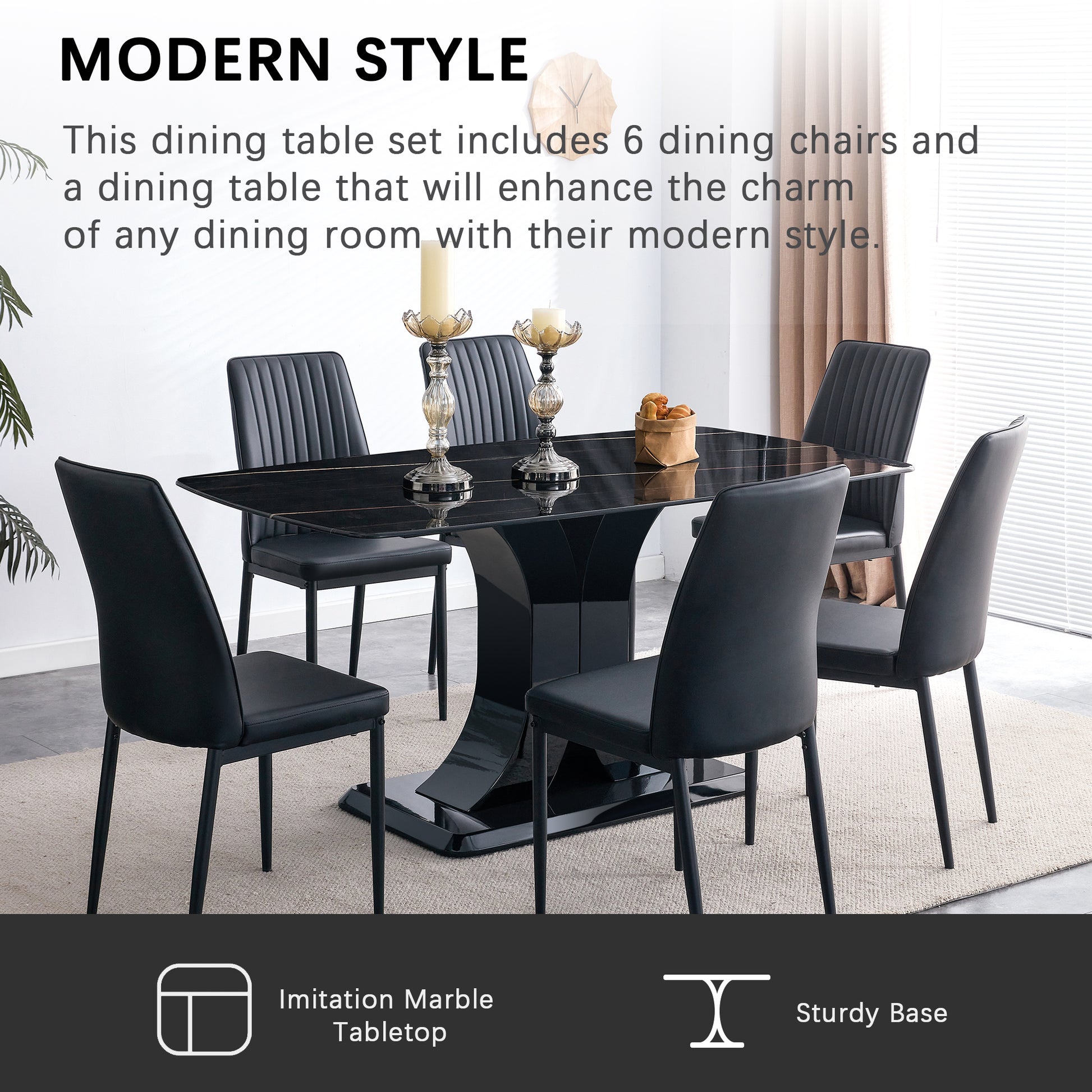 Rectangular 63" Marble Dining Table, Luxurious Dining Room Table With Faux Marble Top And X Shape Mdf Base, Modern Kitchen Dining Table For Kitchen Living Dining Room Black Luxury,Modern Mdf Glass