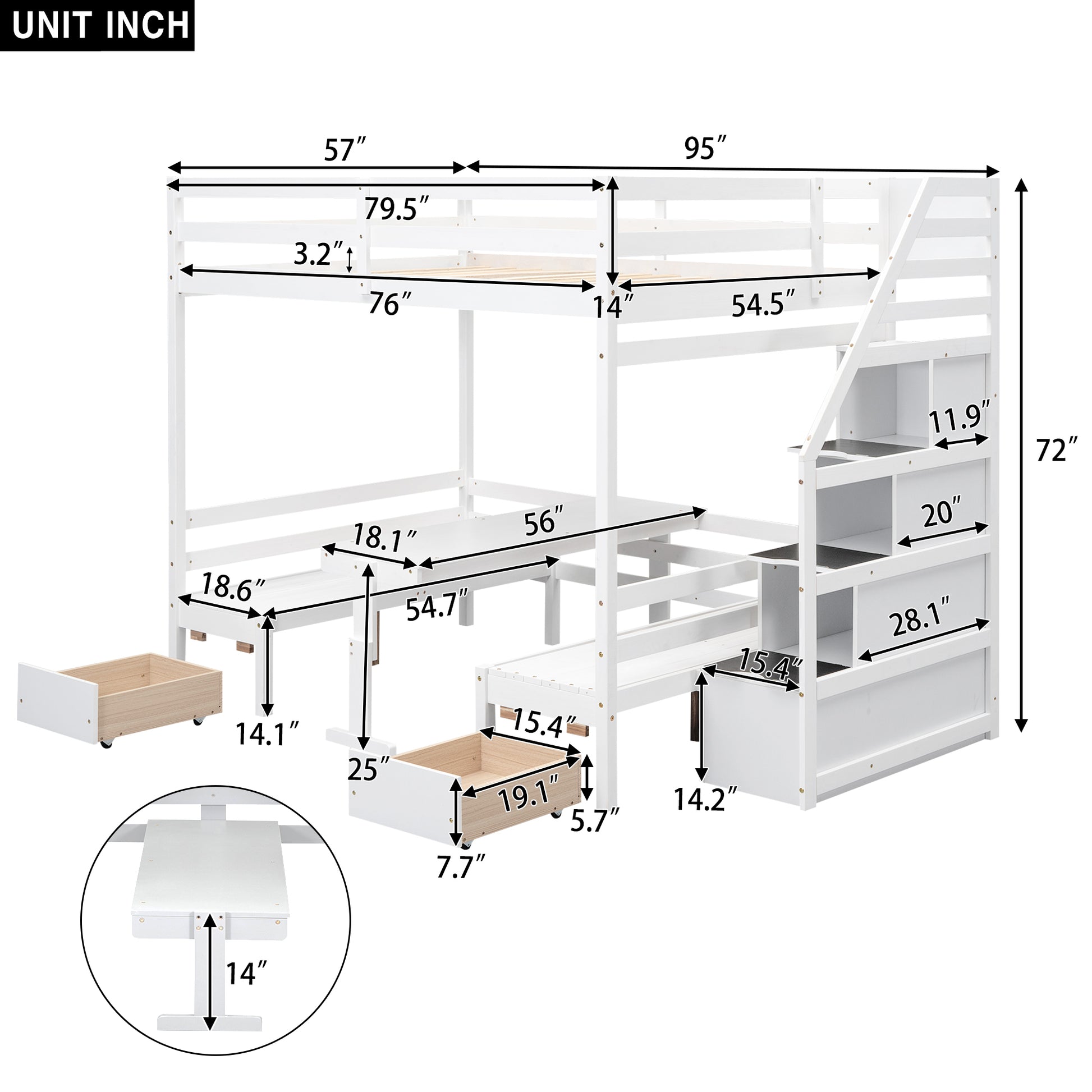 Full Over Full Size Bunk With Staircase,The Down Bed Can Be Convertible To Seats And Table Set,White Box Spring Not Required Full White Wood Bedroom Bunk Pine