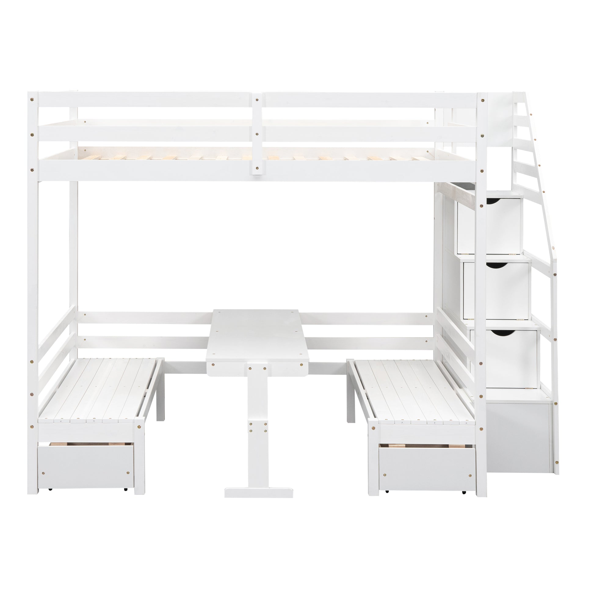 Full Over Full Size Bunk With Staircase,The Down Bed Can Be Convertible To Seats And Table Set,White Box Spring Not Required Full White Wood Bedroom Bunk Pine