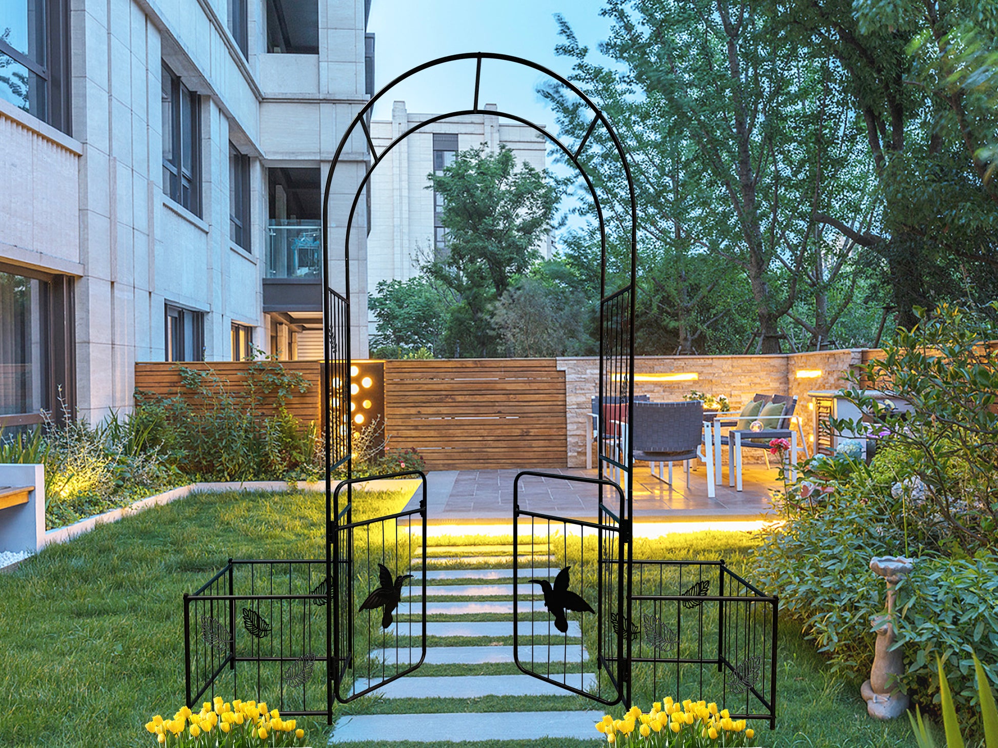 Metal Garden Arch With Doors Garden Arbor Trellis Climbing Plants Support Arch Outdoor Arch Wedding Arch Party Events Archway Black Black Iron