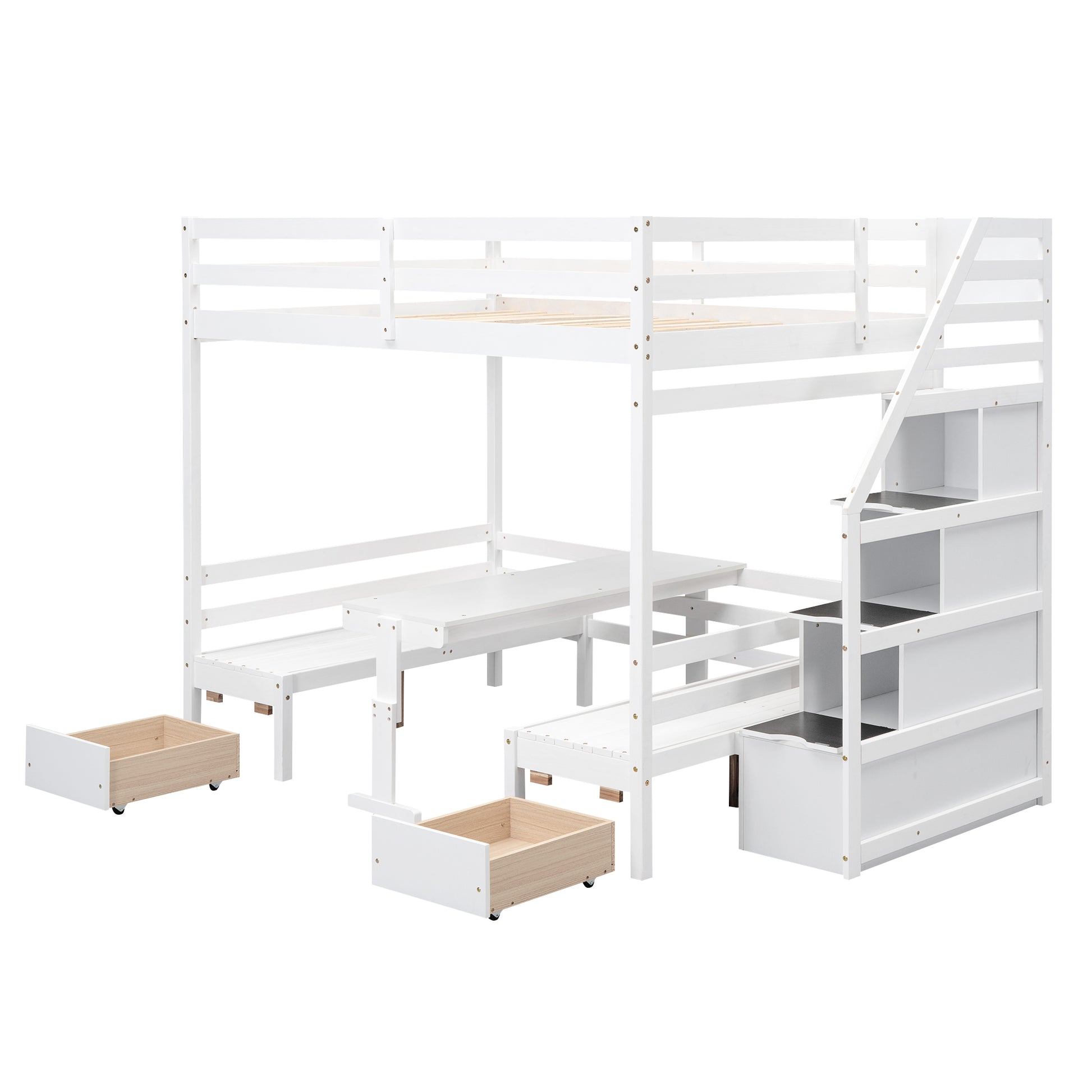 Full Over Full Size Bunk With Staircase,The Down Bed Can Be Convertible To Seats And Table Set,White Box Spring Not Required Full White Wood Bedroom Bunk Pine