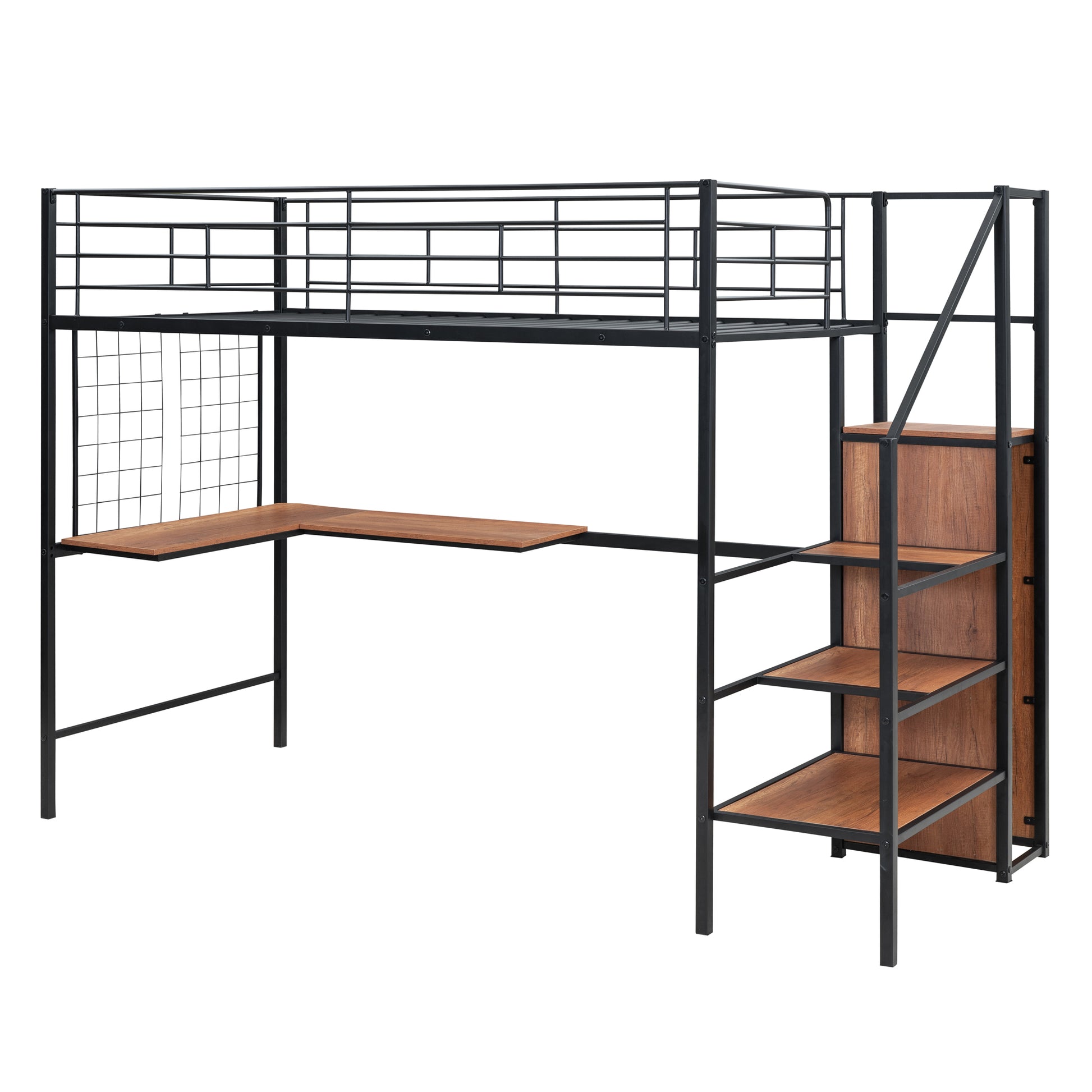 Twin Size Metal Loft Bed With Desk And Metal Grid, Stylish Metal Frame Bed With Lateral Storage Ladder And Wardrobe, Black Black Mdf Metal