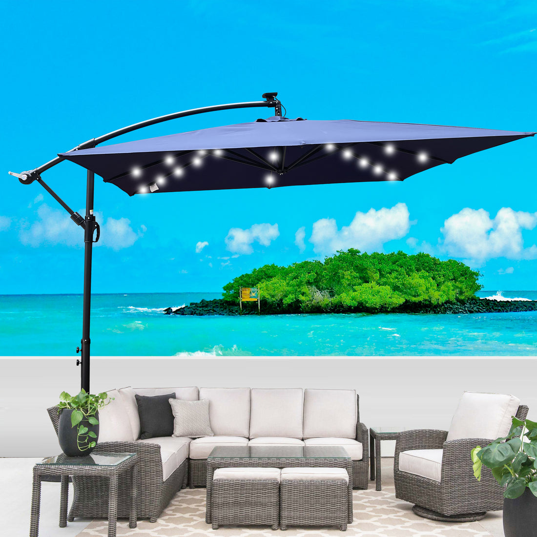 Square 2.5X2.5M Outdoor Patio Umbrella Solar Powered Led Lighted Sun Shade Market Waterproof 8 Ribs Umbrella With Crank And Cross Base For Garden Deck Backyard Pool Shade Outside Deck Swimming Pool