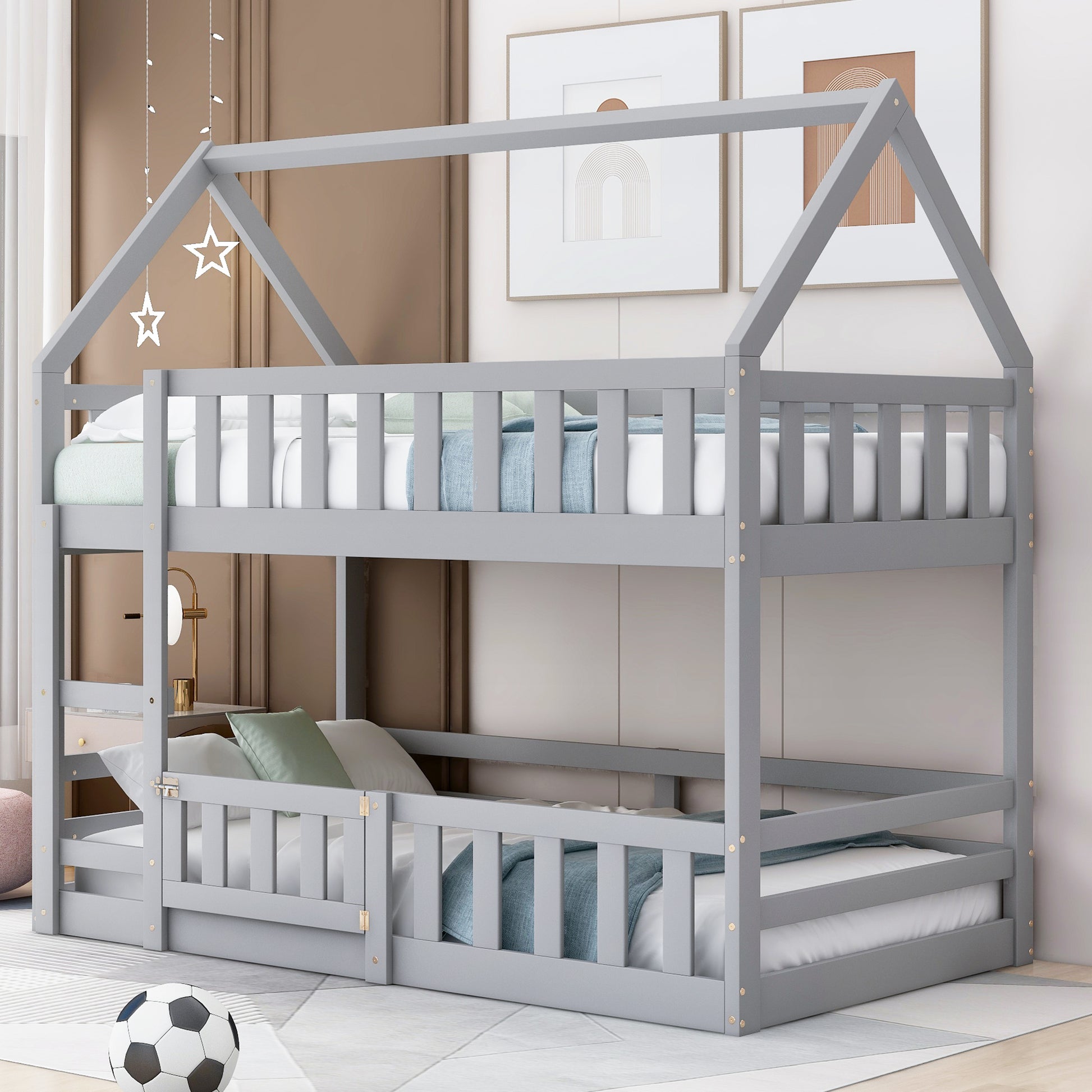 Twin Over Twin House Bunk Bed With Fence And Door, Gray Box Spring Not Required Twin Gray Wood Bedroom Bunk Solid Wood Mdf