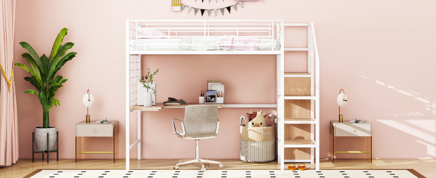 Twin Size Metal Loft Bed With Desk And Metal Grid, Stylish Metal Frame Bed With Lateral Storage Ladder And Wardrobe, White White Mdf Metal