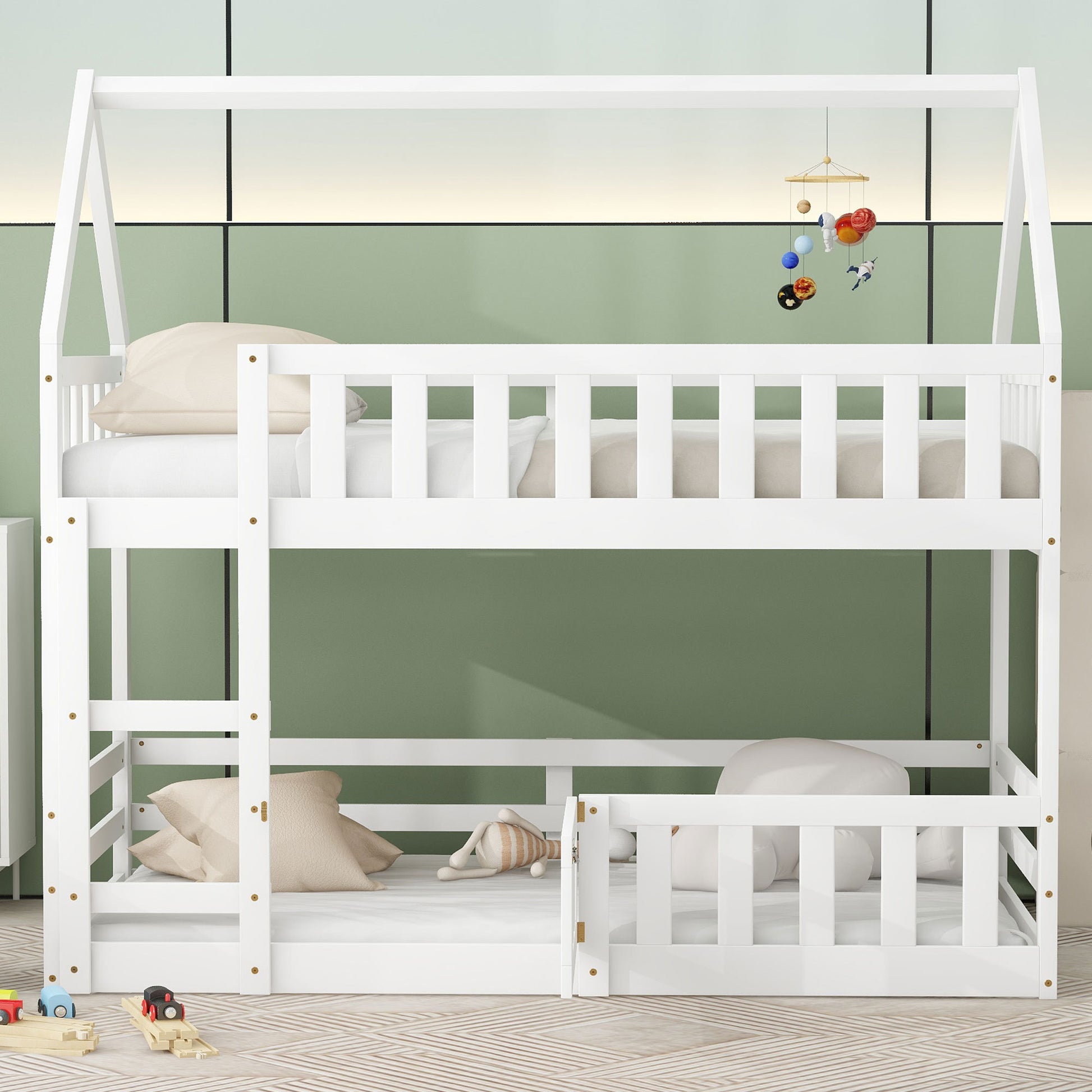 Twin Over Twin House Bunk Bed With Fence And Door, White Box Spring Not Required Twin White Wood Bedroom Bunk Solid Wood Mdf