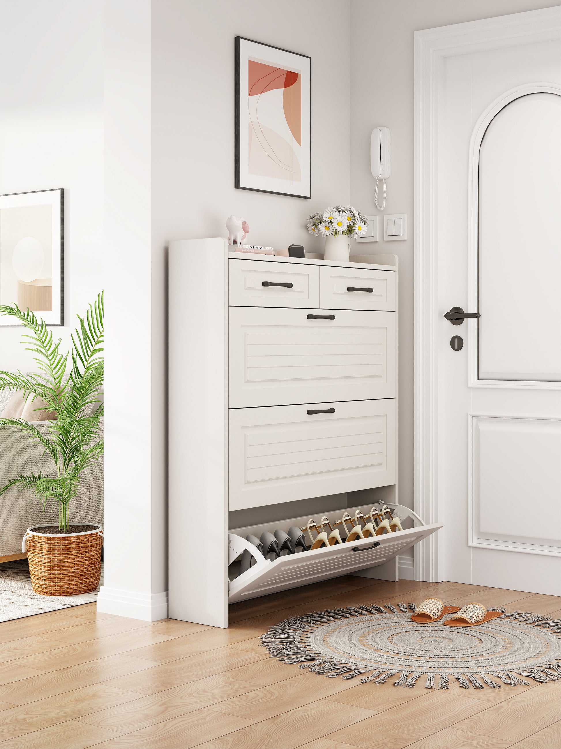 Shoe Storage Cabinet For Entryway, Hidden Shoe Cabinet With 3 Doors 2 Drawers Slim Shoe Cabinet, Freestanding Shoe Organizer Rack For Entryway, Apartment White Freestanding 5 Or More Drawers