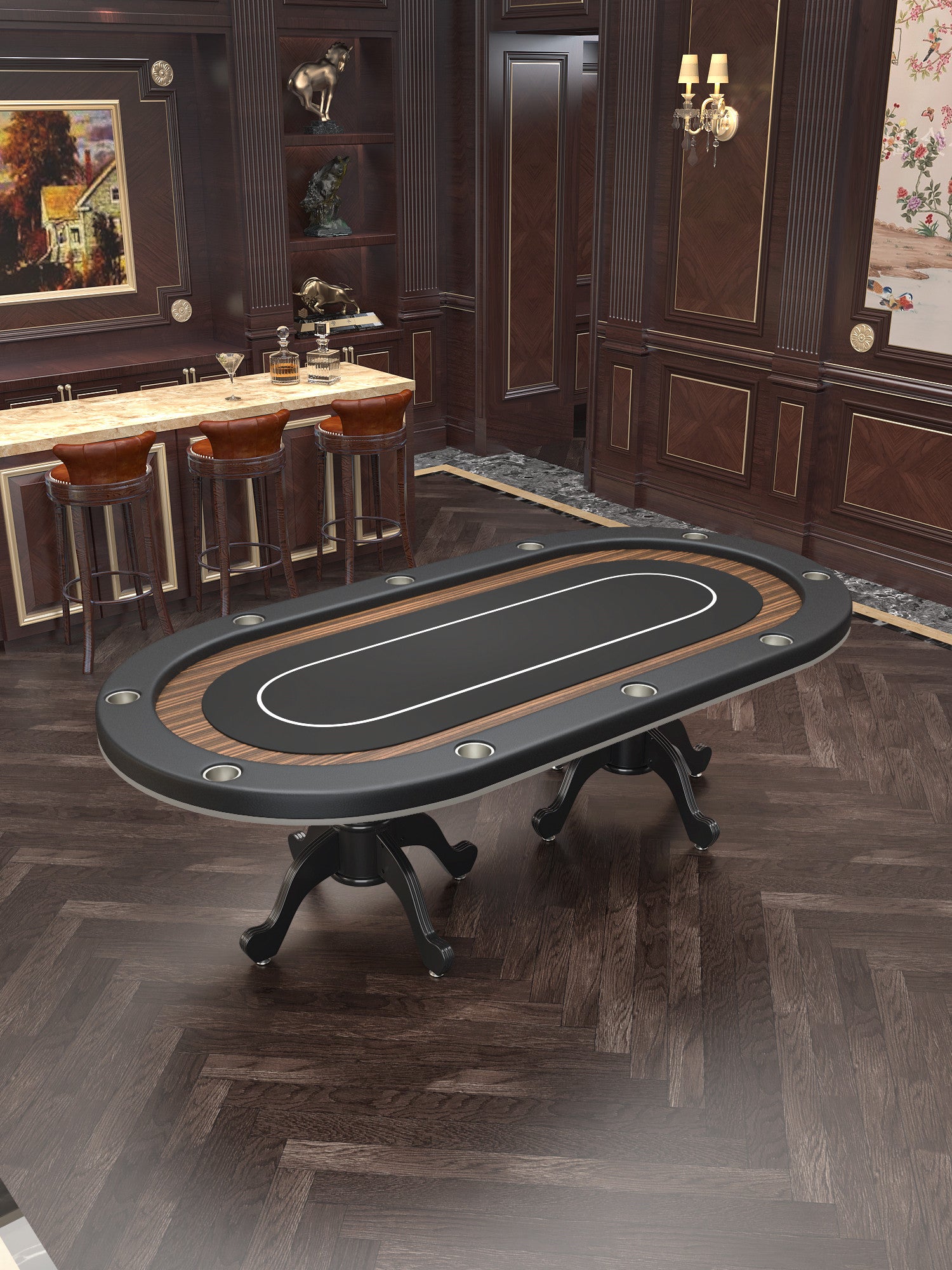 96" Oval Aura Casino Waterproof Felt Curved Legs Poker Table Black Wood