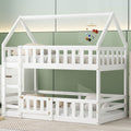 Twin Over Twin House Bunk Bed With Fence And Door, White Box Spring Not Required Twin White Wood Bedroom Bunk Solid Wood Mdf