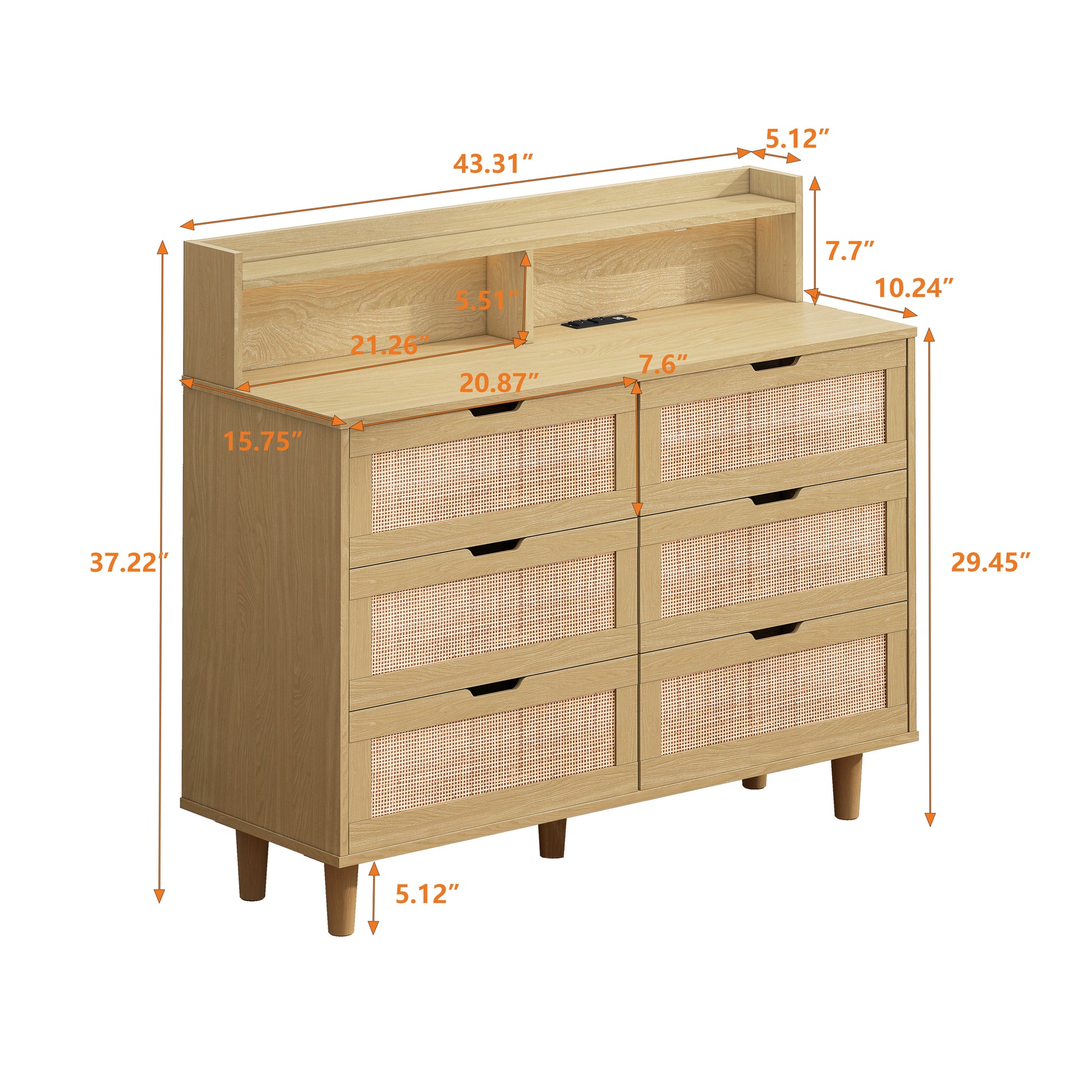 43.31"6 Drawers Rattan Storage Cabinet Rattan Drawer With Led Lights And Power Outlet,For Bedroom,Living Room,Natural Natural Particle Board