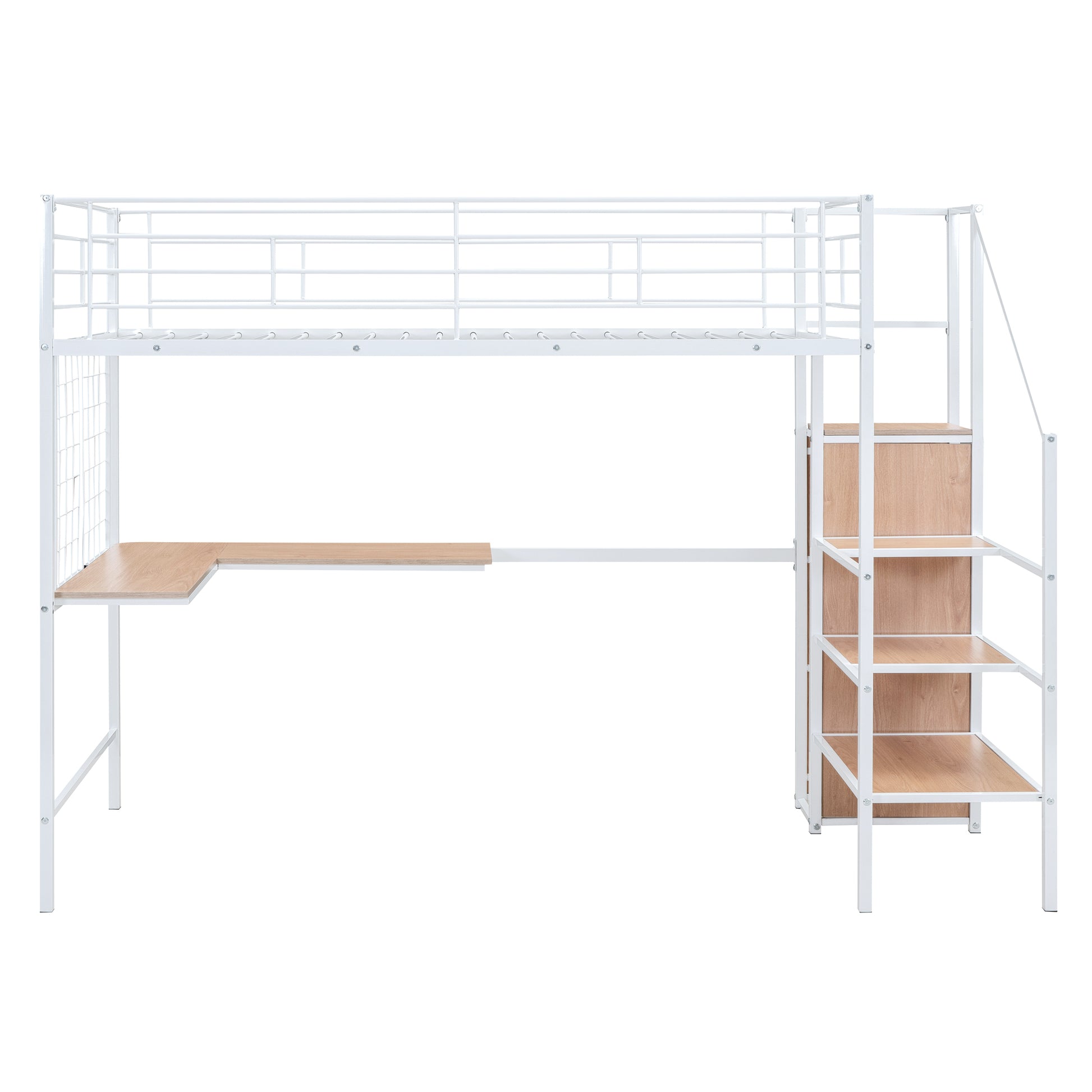 Twin Size Metal Loft Bed With Desk And Metal Grid, Stylish Metal Frame Bed With Lateral Storage Ladder And Wardrobe, White White Mdf Metal