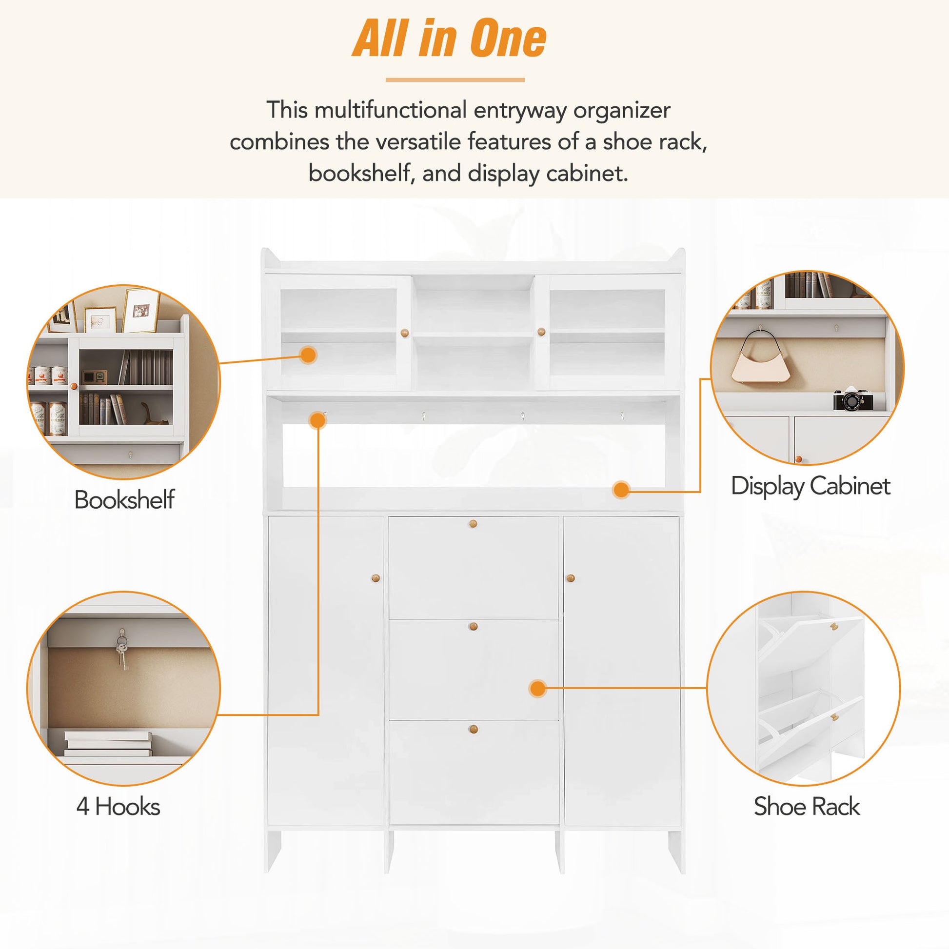 Contemporary Shoe Cabinet With Open Storage Platform, Tempered Glass Hall Tree With 3 Flip Drawers, Versatile Tall Cabinet With 4 Hanging Hooks For Hallway, White 3 4 Drawers White Primary Living Space Adjustable Shelves Particle Board