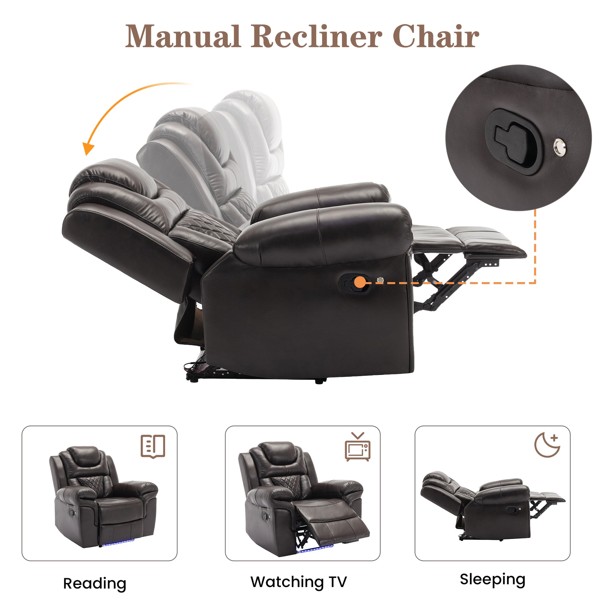 Home Theater Seating Manual Recliner Chair With Led Light Strip For Living Room,Bedroom, Brown Brown Foam Faux Leather